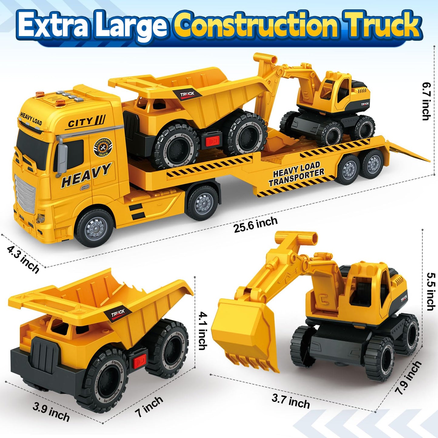 Toddler Boy Toys for 3 4 5 6 7 Years Kids, 25" Semi Construction Carrier Truck Toy with Excavator and Dump Truck, Friction Powered Toys with Lights and Sounds, Birthday for Boy Girls