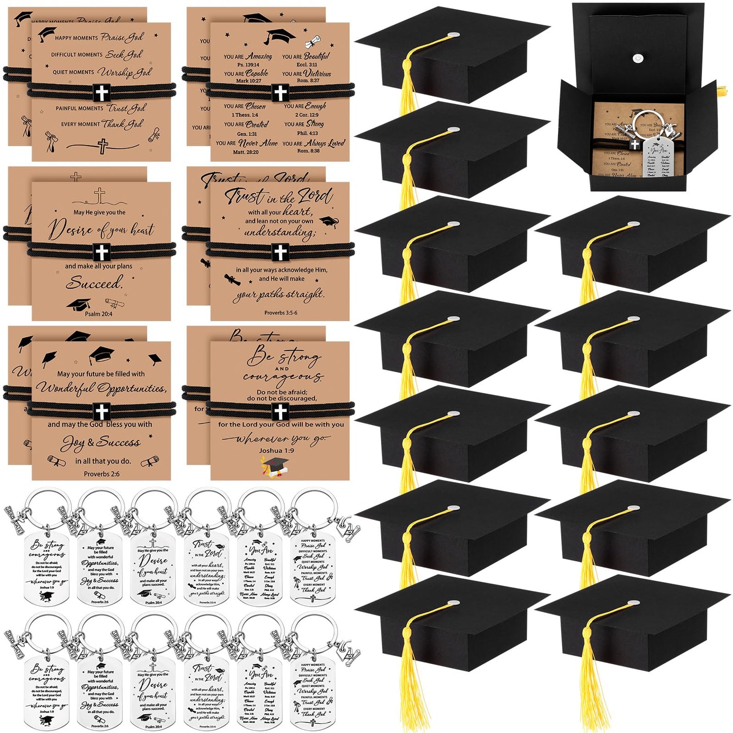 Yinkin 12 Set/48 Pcs 2026 Graduation Gifts Bulk Christian Graduation Bracelet Bible Verse Keychains Grad Gift Boxes with Tassel for Students High School Party Favors