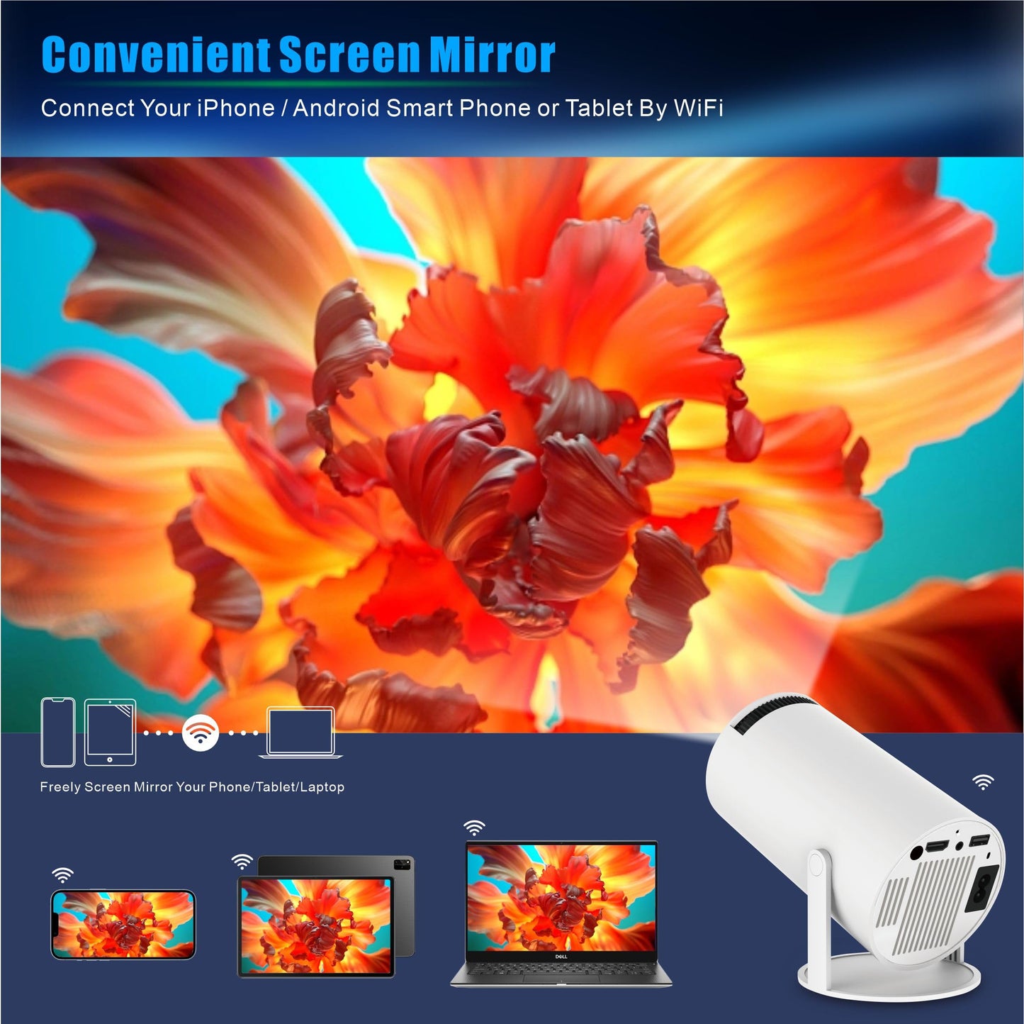 Smart Mini Projector - 4K with WiFi 6 & Bluetooth 5, Portable Android 11, Auto Keystone, 180 Display Up to 130 Inch