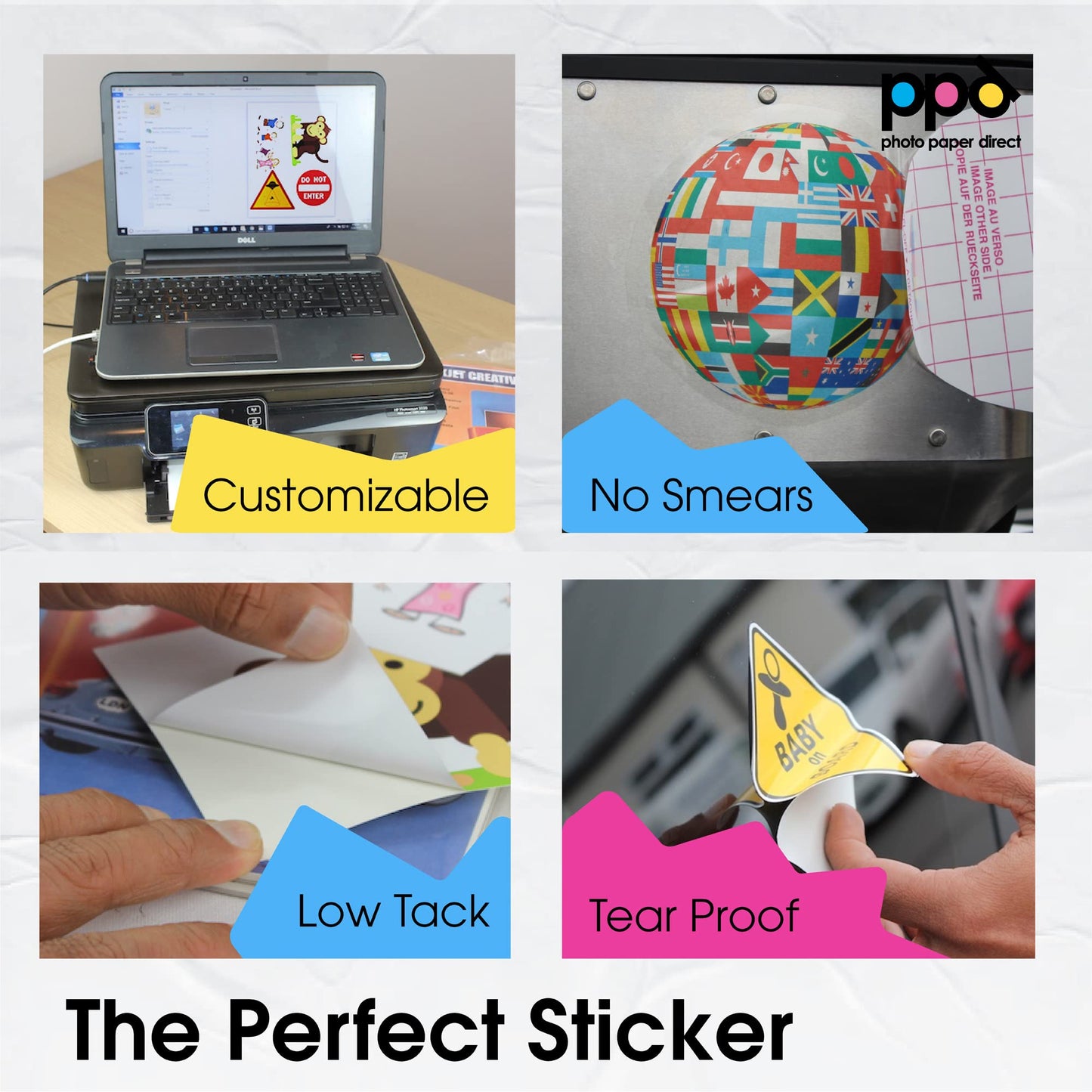 PPD Premium Printable Vinyl Sticker Paper for Inkjet Printer - 50 Sheets Glossy Sticker Paper 8.5 x 11 - Self-Adhesive, Waterproof, Tear Resistant, Instant Dry - PPD-36-50