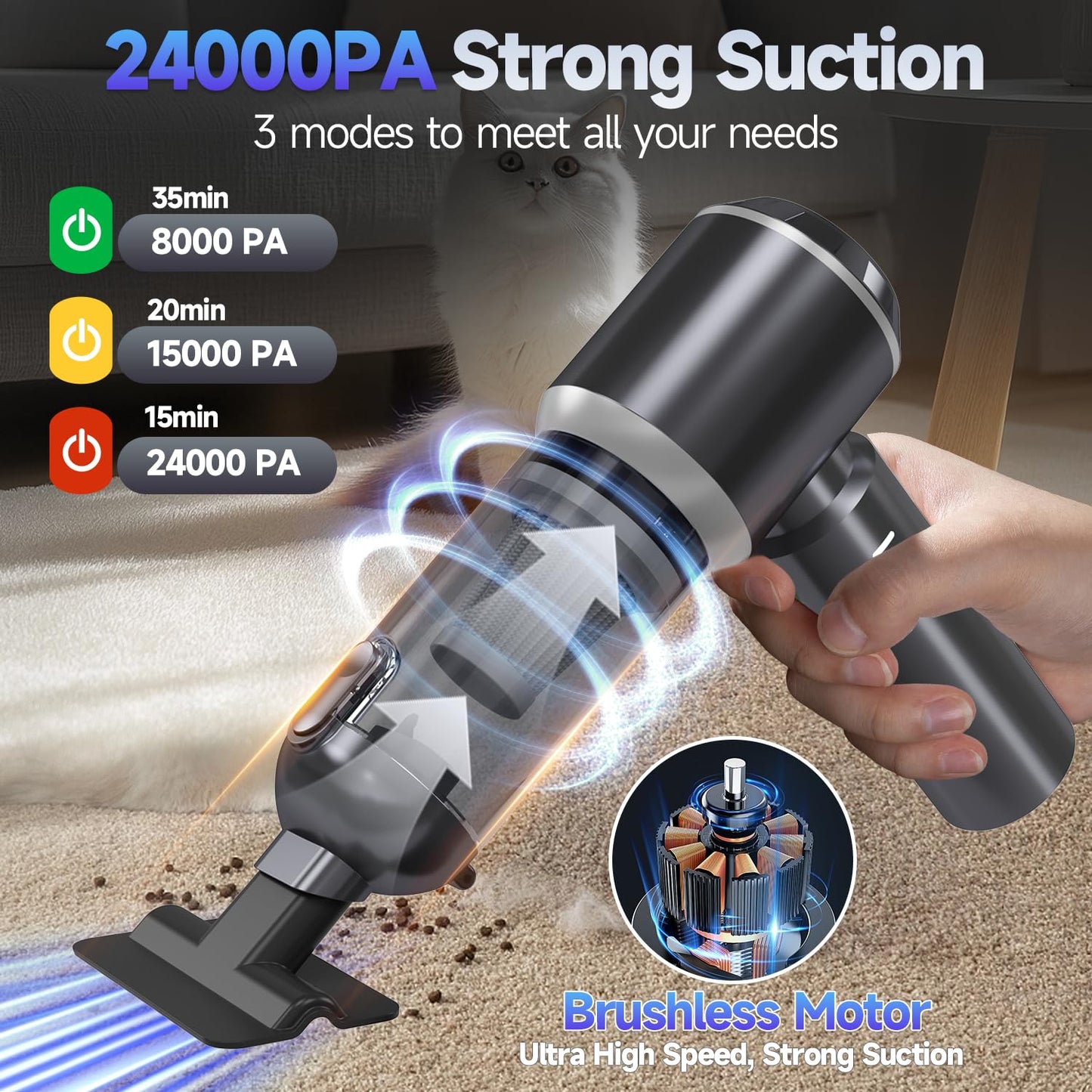 Ytnewin Car Vacuum Portable Cordless, Small Handheld Vacuum Cleaner with 24000PA High Power Suction, Mini Vacuum Cordless Rechargeable with One-Touch Empty, 10-in-1 Hand Vac for Car Home Office Dust