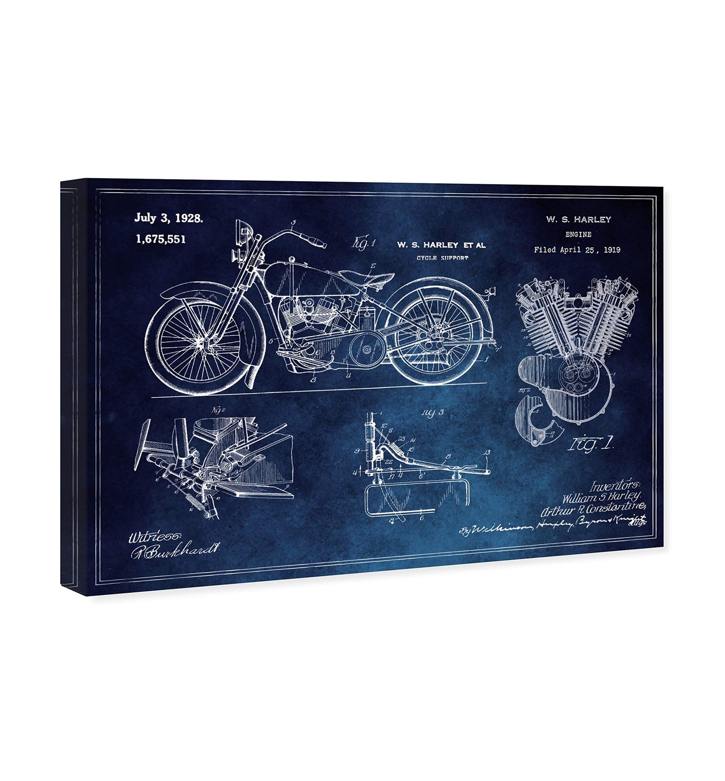 Wynwood Studio Transportation Wall Art Canvas Prints 'Harley Engine 1923 Set Horiz Chalkboard' Home Décor, 30" x 20", Blue, White