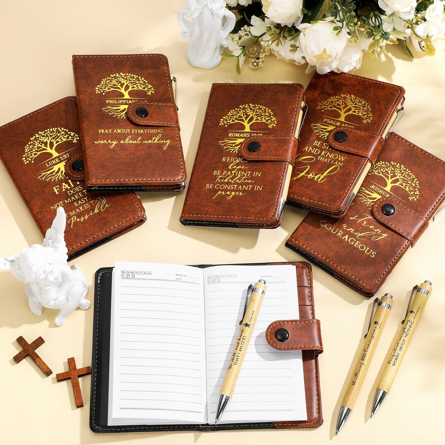 Spakon 60 Pcs Father's Day Christian Gifts Bulk Leather Prayer Journal Religious Scripture Notebook with Bible Verse Pens for Graduation Coworker Women Men Church Members (English Tree of Life)