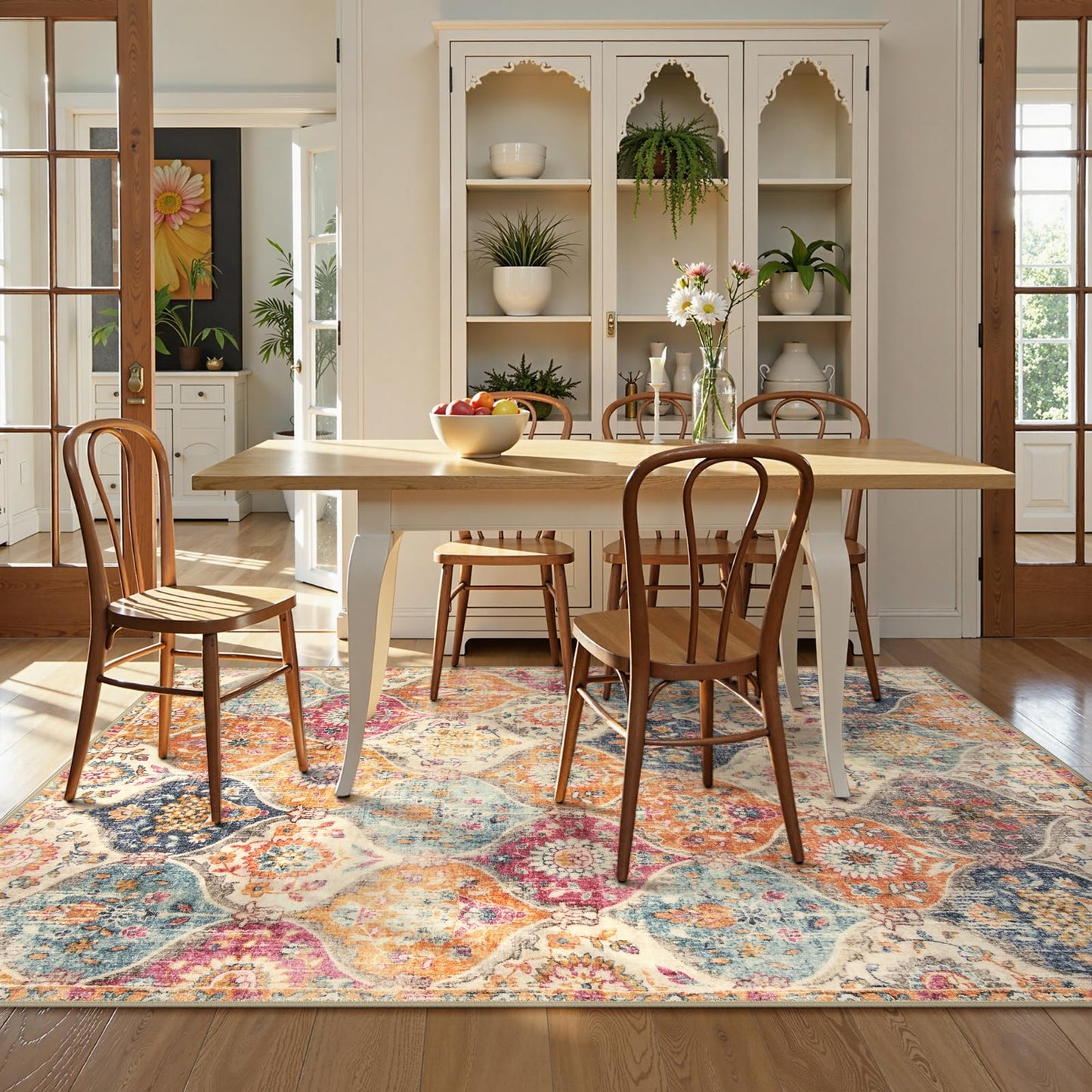 Lahome Moroccan Trellis Washable Area Rugs 5x7, 5x7 Area Rugs for Living Room Bedroom, Indoor Non-Slip Large Oriental Accent Throw Carpet for Kitchen Entryway Bathroom Office, Cream/Multi