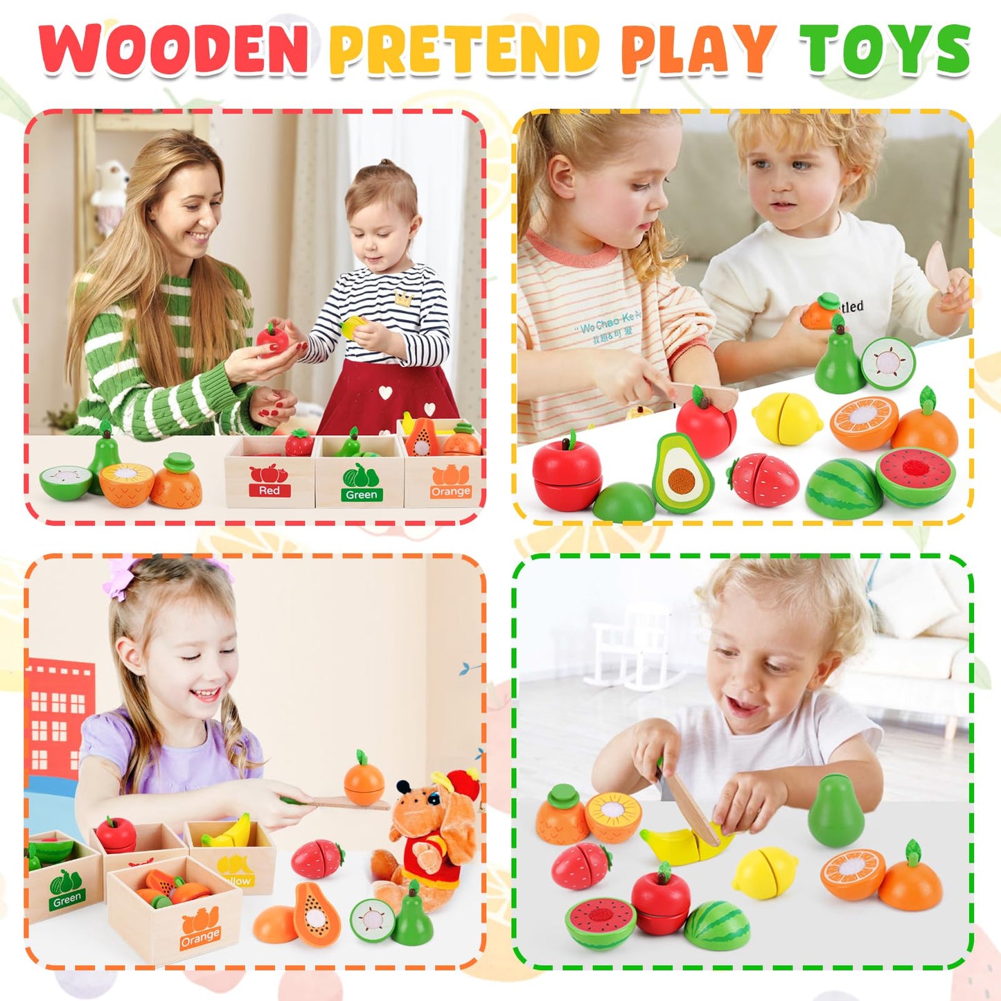 ATOYUS Wooden Play Food Set Toys for Toddlers 1-3, Kids Toy Play Kitchen Accessories, Cutting Fruits Pretend Food with Storage Boxes, Christmas Birthday Gifts for 1 2 3 Year Old Baby Boys Girls