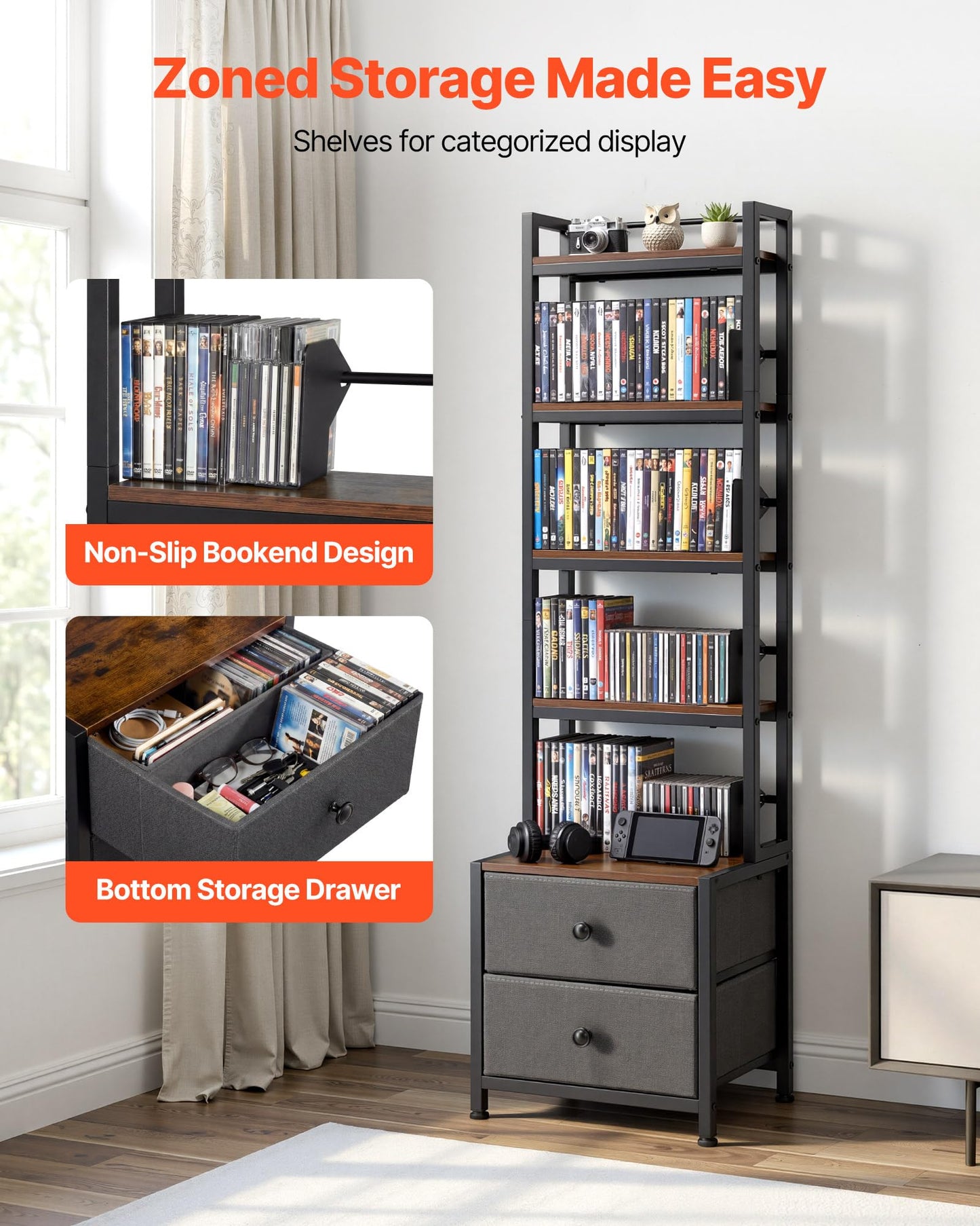 VEVOR Media Storage Cabinet, 4-Shelf DVD Shelf Organizer with Drawers, 15.75 x 11.81 x 56.50 in Multimedia Storage Organizer for CDs, DVDs, Books and Games, CD Cabinet for Living Room, Home Office