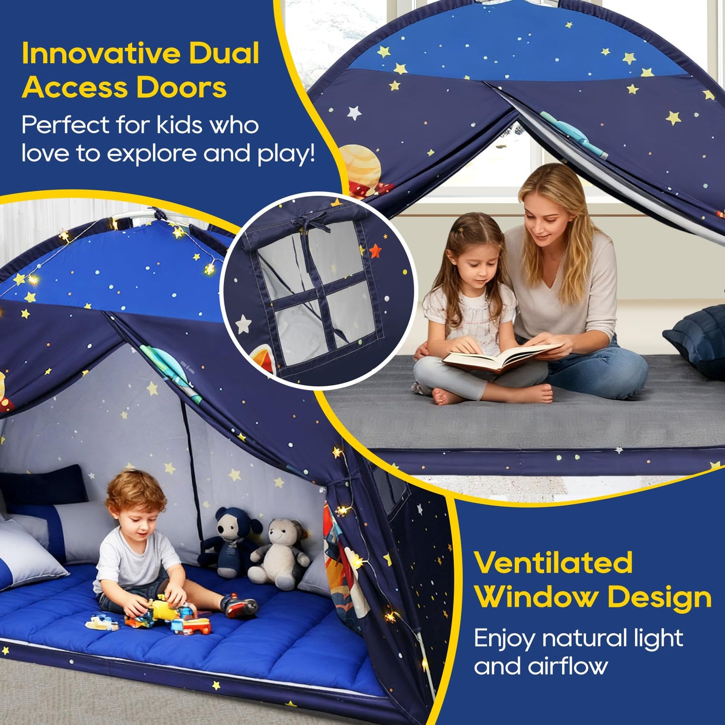 Redants Twin Bed Tent Canopy, Space Indoor Blackout Privacy Toddler Bed Tent for Kids with Light, Portable Sleeping Floor Kids Playhouse (Blue, Twin Size)