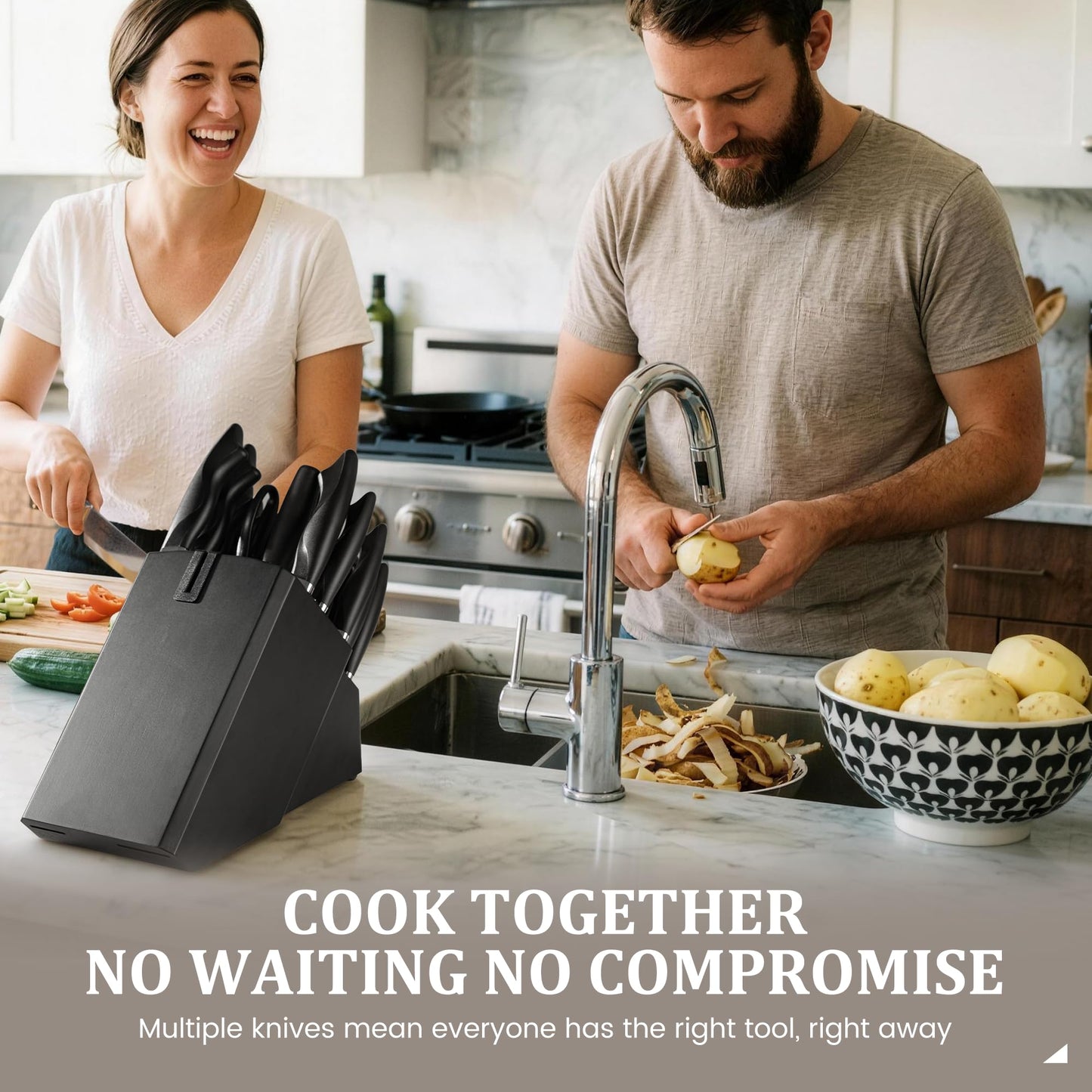 Amorston 22 Pieces Knife Set, Laser Engraved High Carbon Stainless Steel Knife Block Set, Full Tang Professional Kitchen Knife Set with Built-in Sharpener, Fathers Day Gift for Men