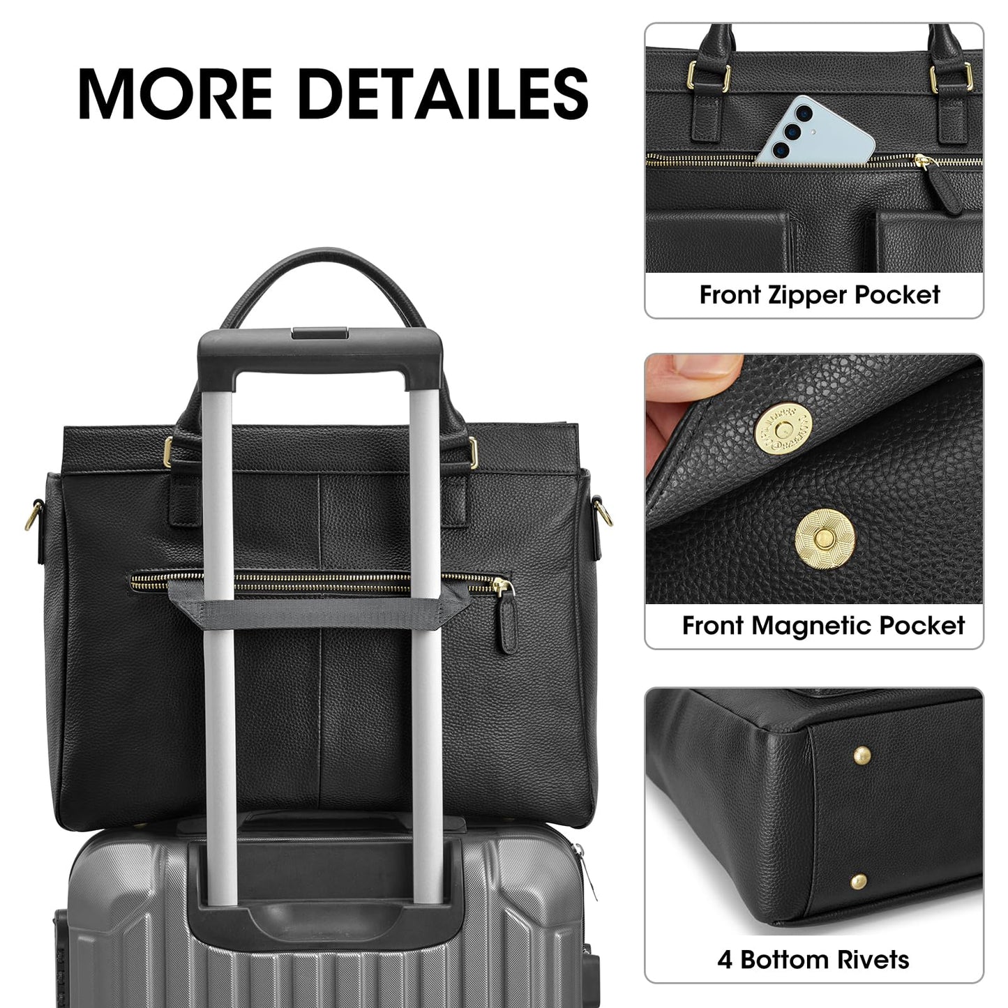 Kattee Leather Briefcase for Women, 15 Inches Laptop Bag, Work Tote with Luggage/Shoulder Strap, Black