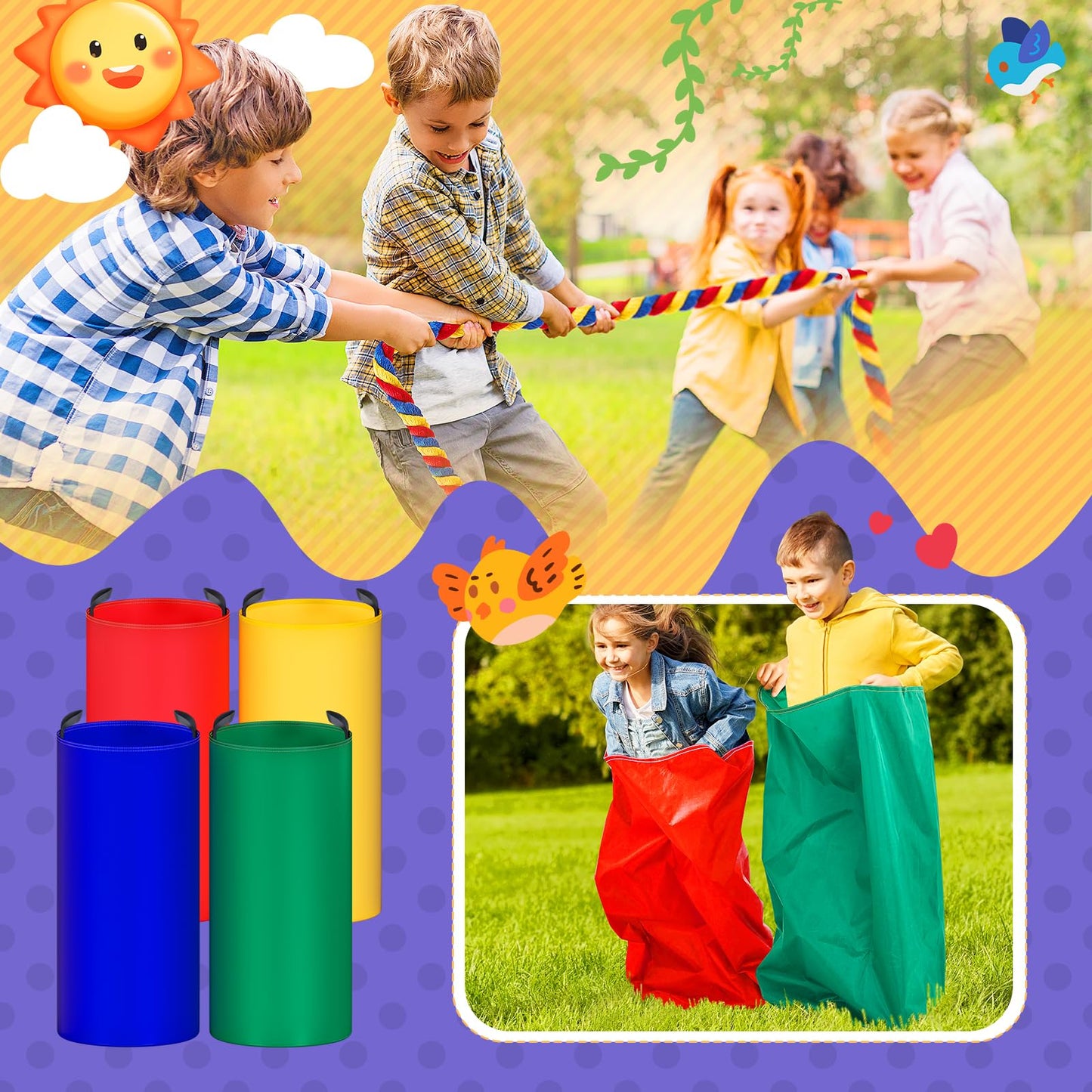 Redllo 87 Pcs Carnival Outdoor Games Potato Sack Race Bags for Kids Adults Bean Bags Ring Toss 3 Legged Relay Race Tug of War Rope Backyard for Birthday Party Field Day Family Christian Church Games