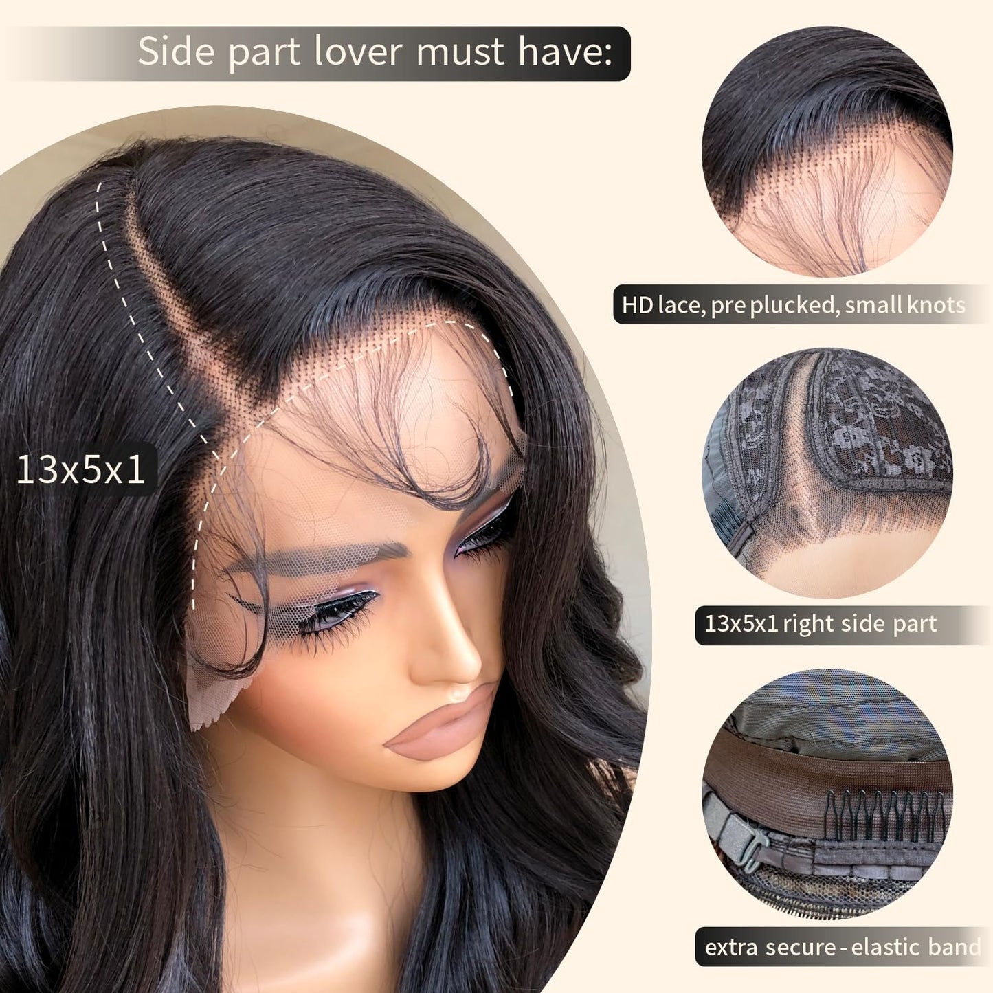 BrownBomb Bombshell Body Wave Wig, Synthetic Lace Front Wig Pre Plucked Glueless Ready to Wear, 13X5X1 Side Part HD Lace Wigs for Women 24inch, 1B Jet Black Wig Human Hair Luster