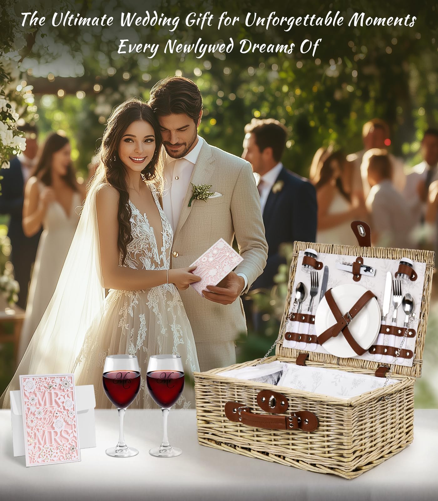 Picnic Basket for 2, Bridal Shower Gift Wedding Gifts with Mr Mrs Wine Glasses and Greeting Card, Engagement Newly Weeding Gifts for Couples 2026, Wicker Picnic Set Kit with Blanket Cooler for Beach