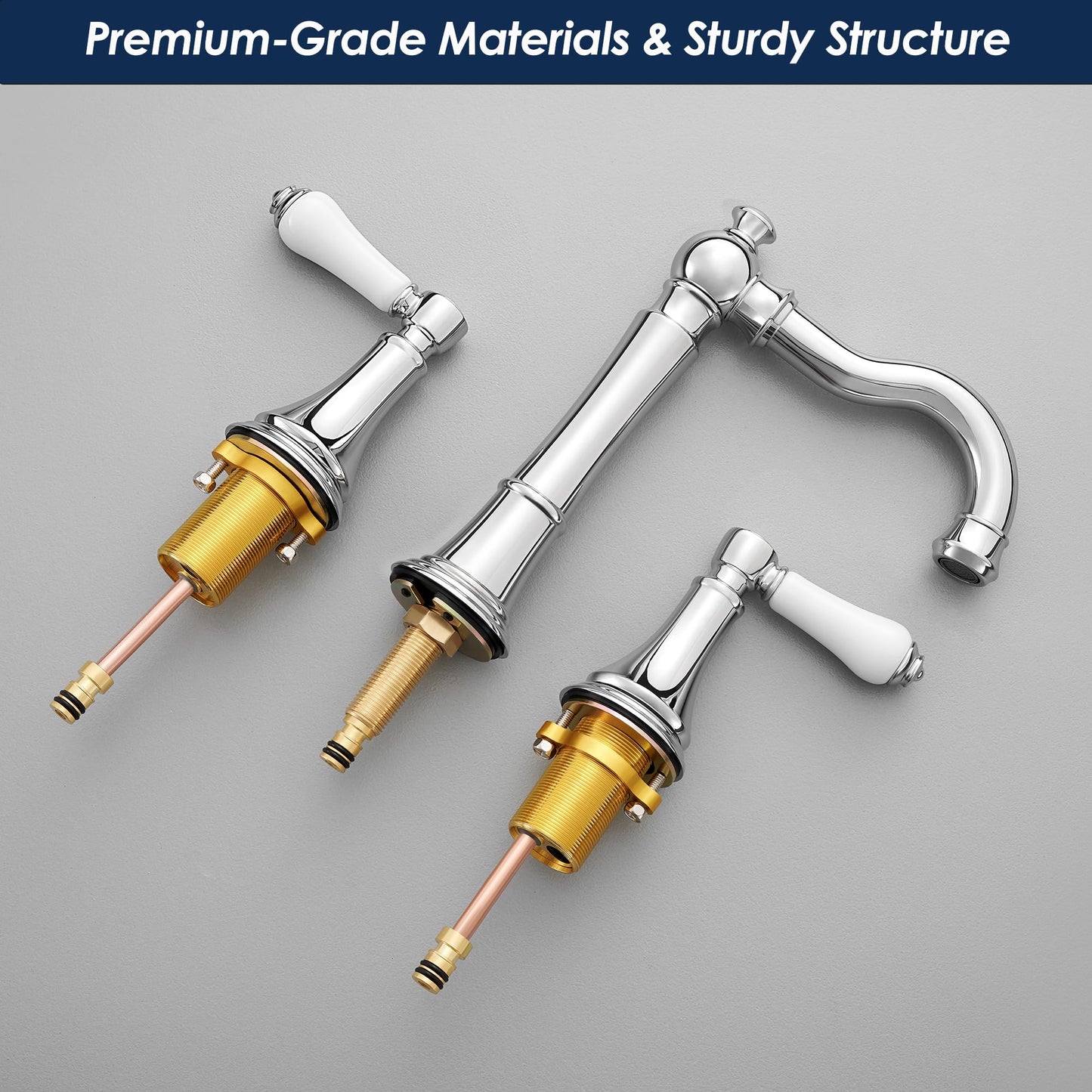 Roffenny Porcelain 2-Handle Chrome Bathroom Faucets 8 inch Widespread for 3 Holes with Plastic Pop-Up Drain & 2Pcs Water Supply Lines, Classic Chrome Bathroom Vanity Sink Faucet, Brass Swivel Spout