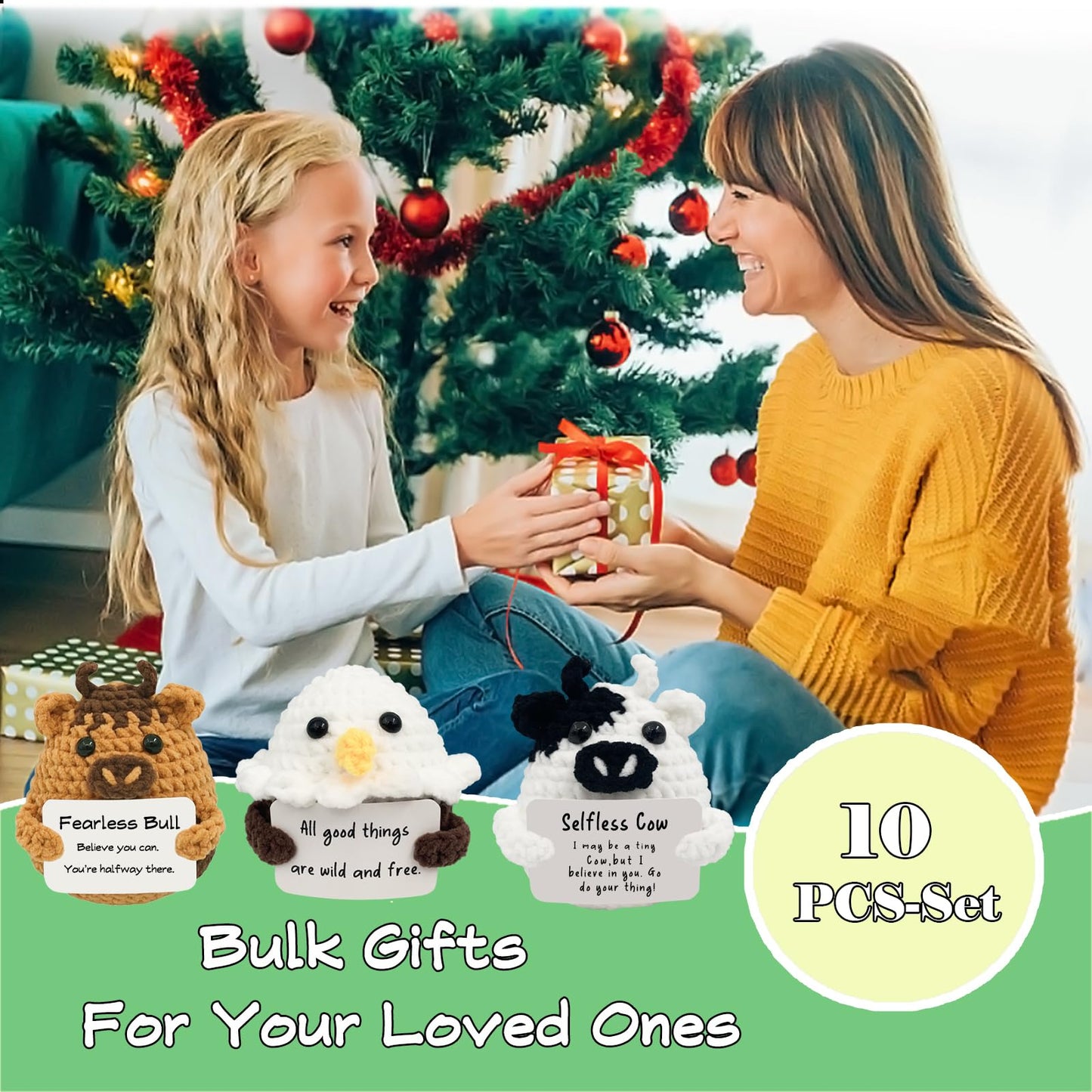 PoccroToys 10pcs Positive Crochet Mini Animals Bulk Valentines Day Birthday Gifts for Women Kids Adults Coworkers Men Teens Handmade Employee Teacher Staff Appreciation Thank You Gift Small Cute Toy