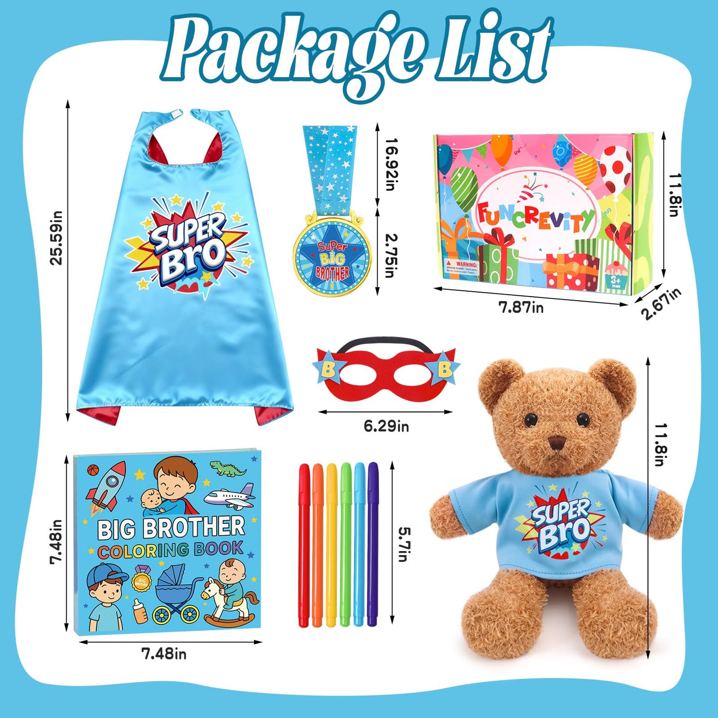 HAPGFS Big Brother Gift Set for Boys, Promoted to Bigbro, Plush Bear with Big Brother Outfit, Coloring Book, Medal, and Mask for Boys Age 3-8 from New Baby