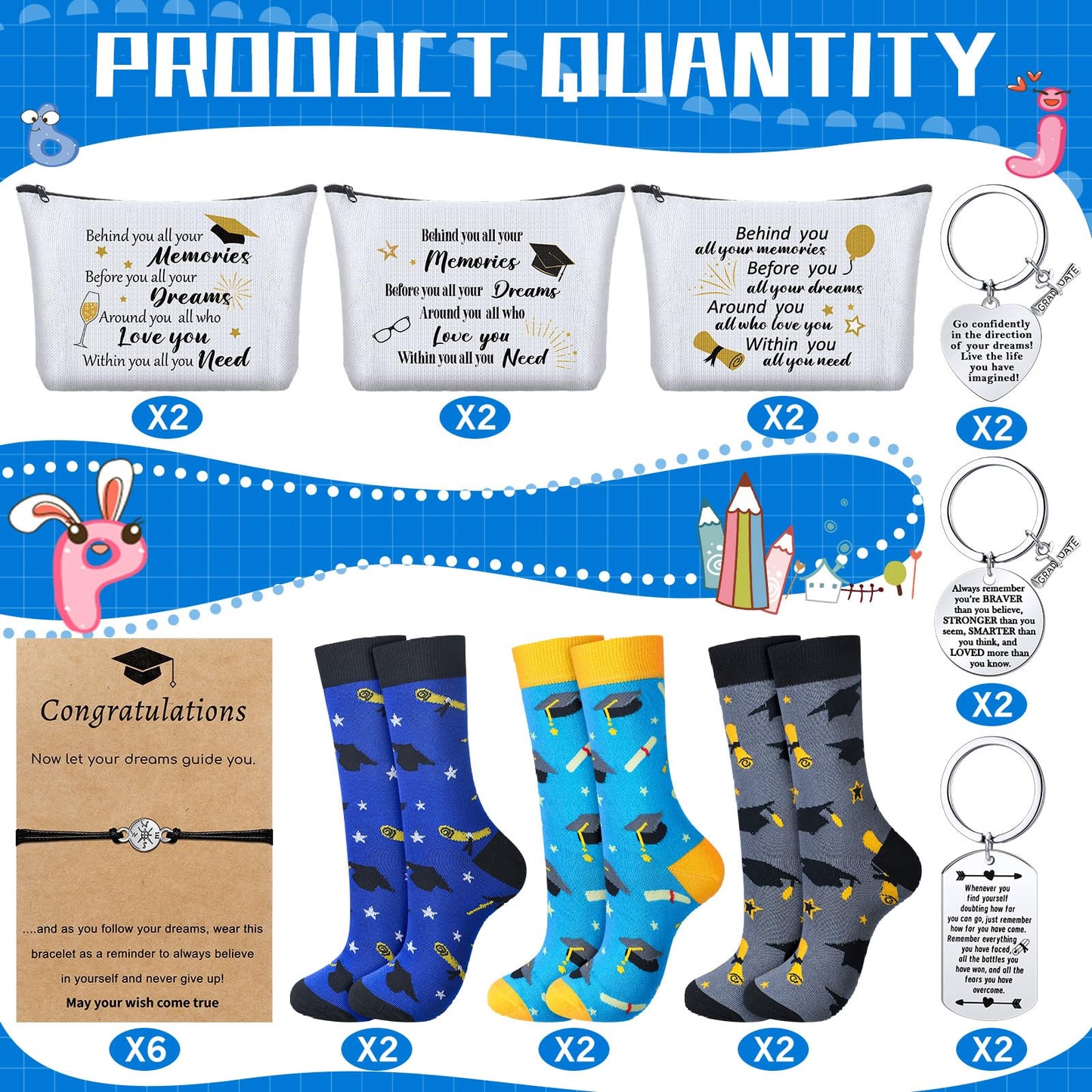 Jiuguva 24 Pcs Graduation Gifts Set Include 6 Graduation Socks 6 Graduation Makeup Bags 6 Graduation Keychains 6 Graduation Compass Wristbands Congrats Grad Class of 2025 Graduation Gift for Her Him