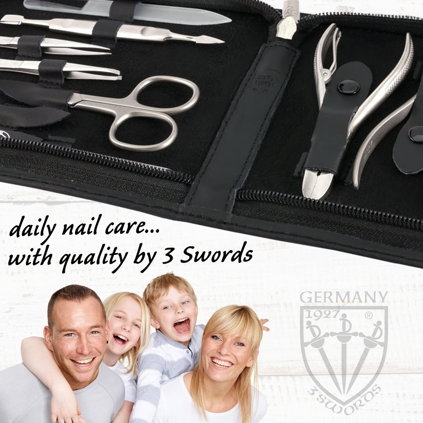 3 Swords Germany - brand quality 12 piece manicure pedicure grooming kit set for professional finger & toe nail care with black genuine leather case - Made in Germany