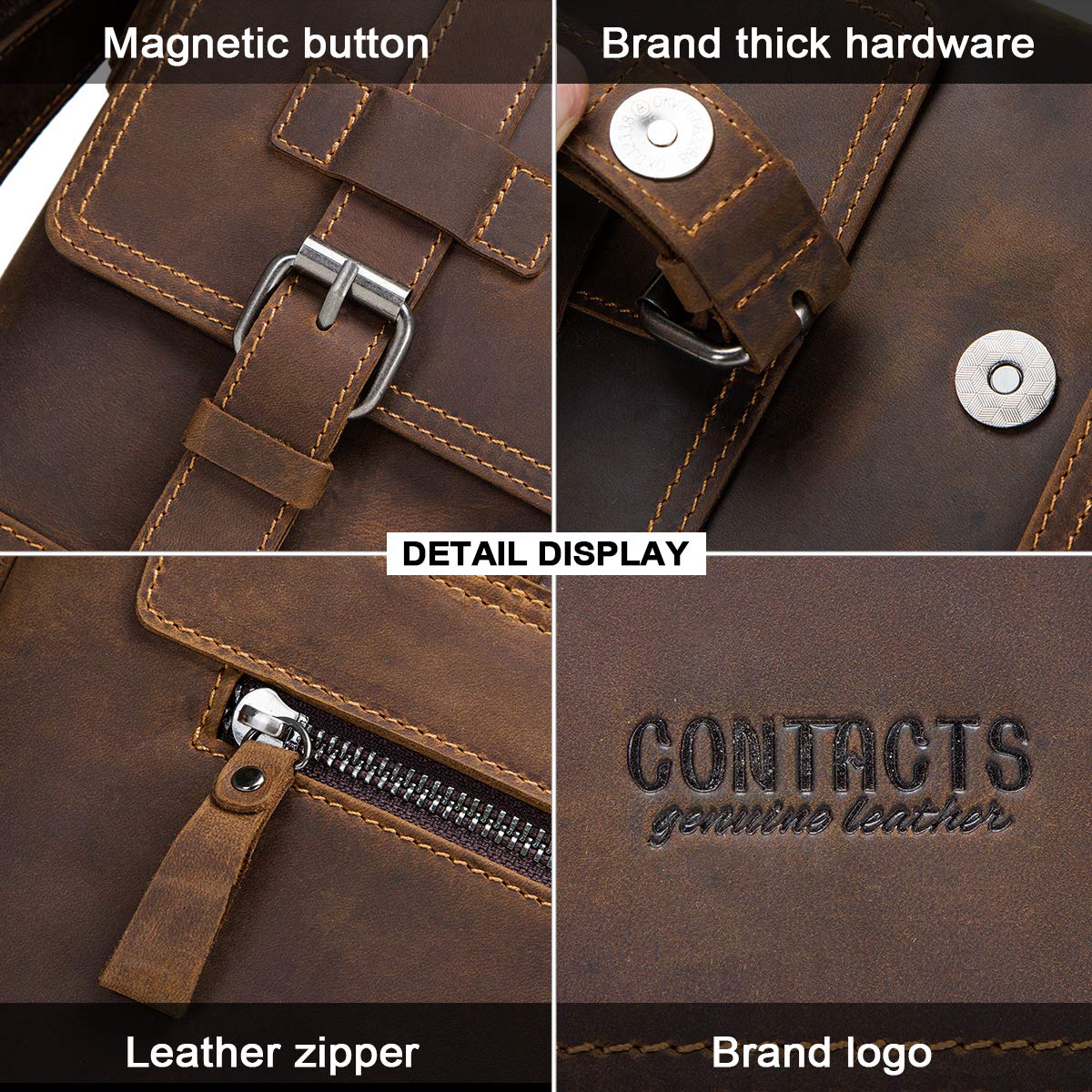Contacts Crazy Horse Leather Messenger Bag for Men 12 Inch Laptop Briefcase Computer Shoulder Bag Travel Business (Brown)
