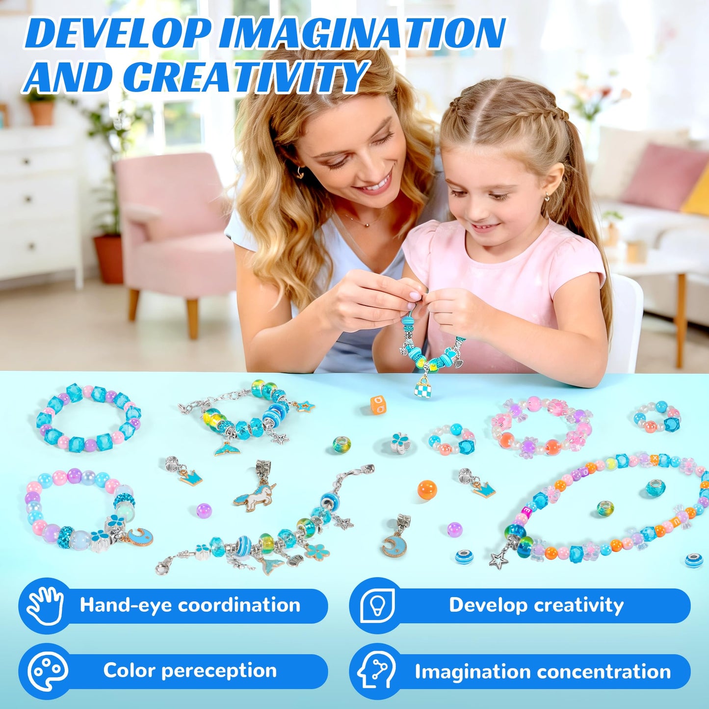 WOANZZ Charm Bracelet Making Kit, DIY Jewelry Making Kits for Girls 8-12, Jewelry Box with Beads Necklace Kit Crafts Birthday for 6 7 8 10 11 12 Year Old Girl, Blue