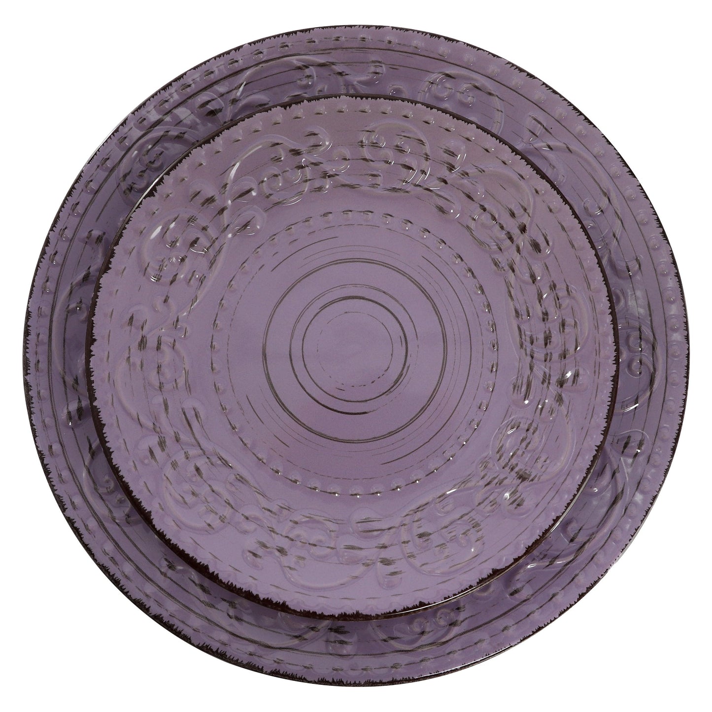 Elama Malibu Mica 16-Piece Stoneware Embossed Pattern Reactive Glaze Purple Dinnerware Set, Tableware, Serveware Set (Mica Purple)