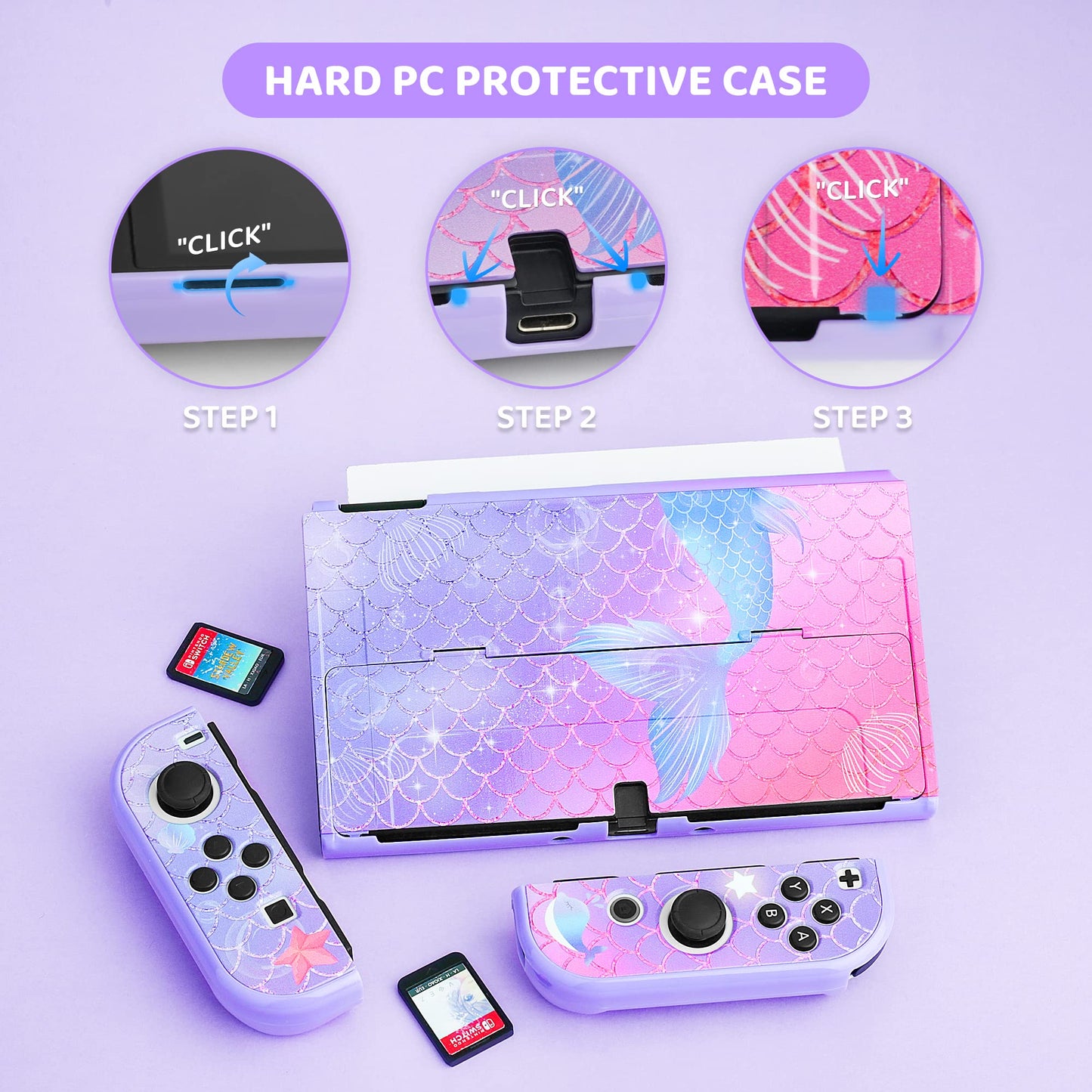 RHOTALL Purple Carrying Case for Nintendo Switch OLED, Cute Storage Case for Switch OLED Accessories with Hard Protective Case, Screen Protector, Adjustable Shoulder Strap and 2 Thumb Caps for fish