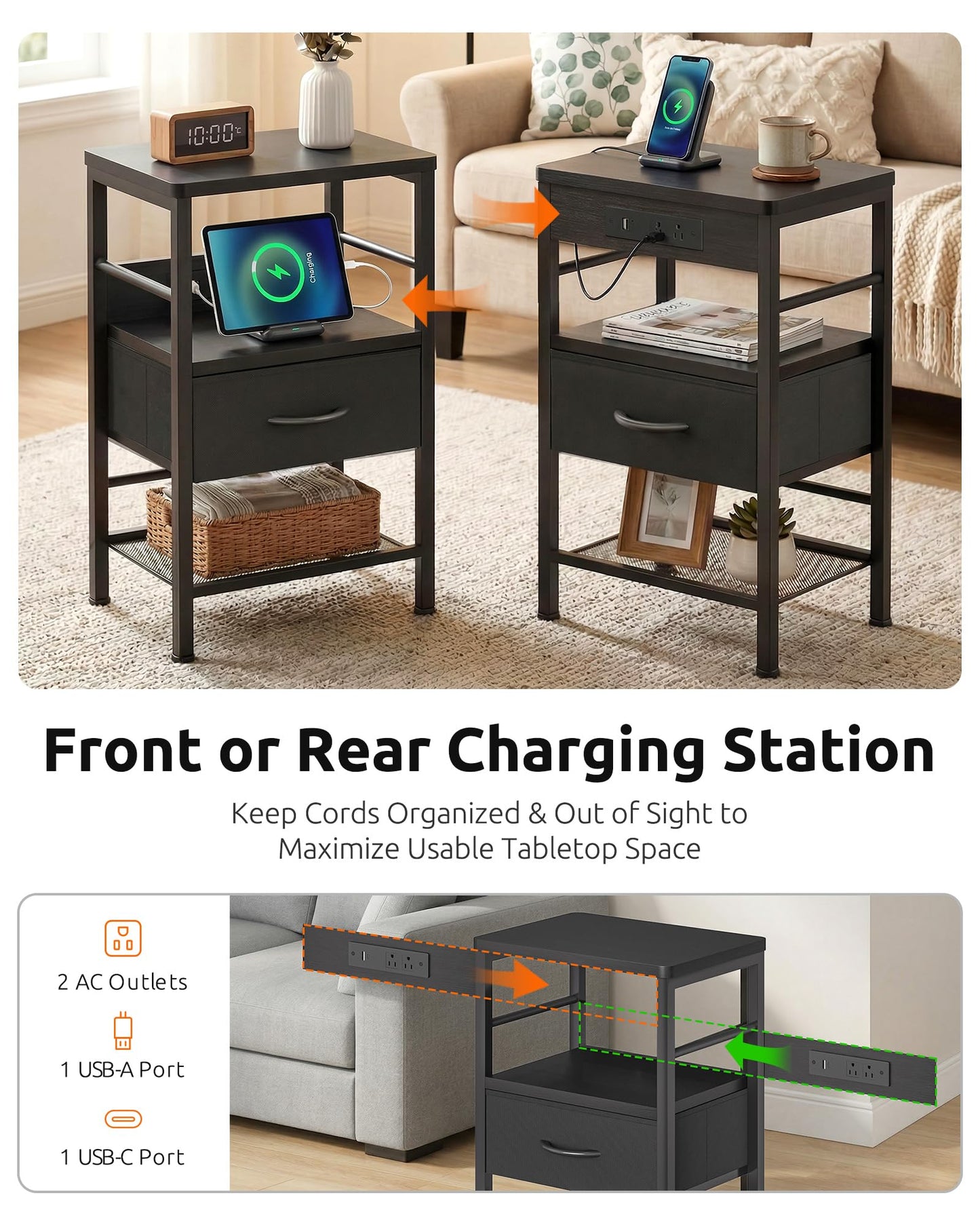 Lazzanto Nightstands Set of 2 with Charging Station, Bedside Tables with Open Shelf & Hooks, End Tables with USB-C USB-A Ports AC Outlets, Night Stand for Bedroom with Fabric Drawer, Black