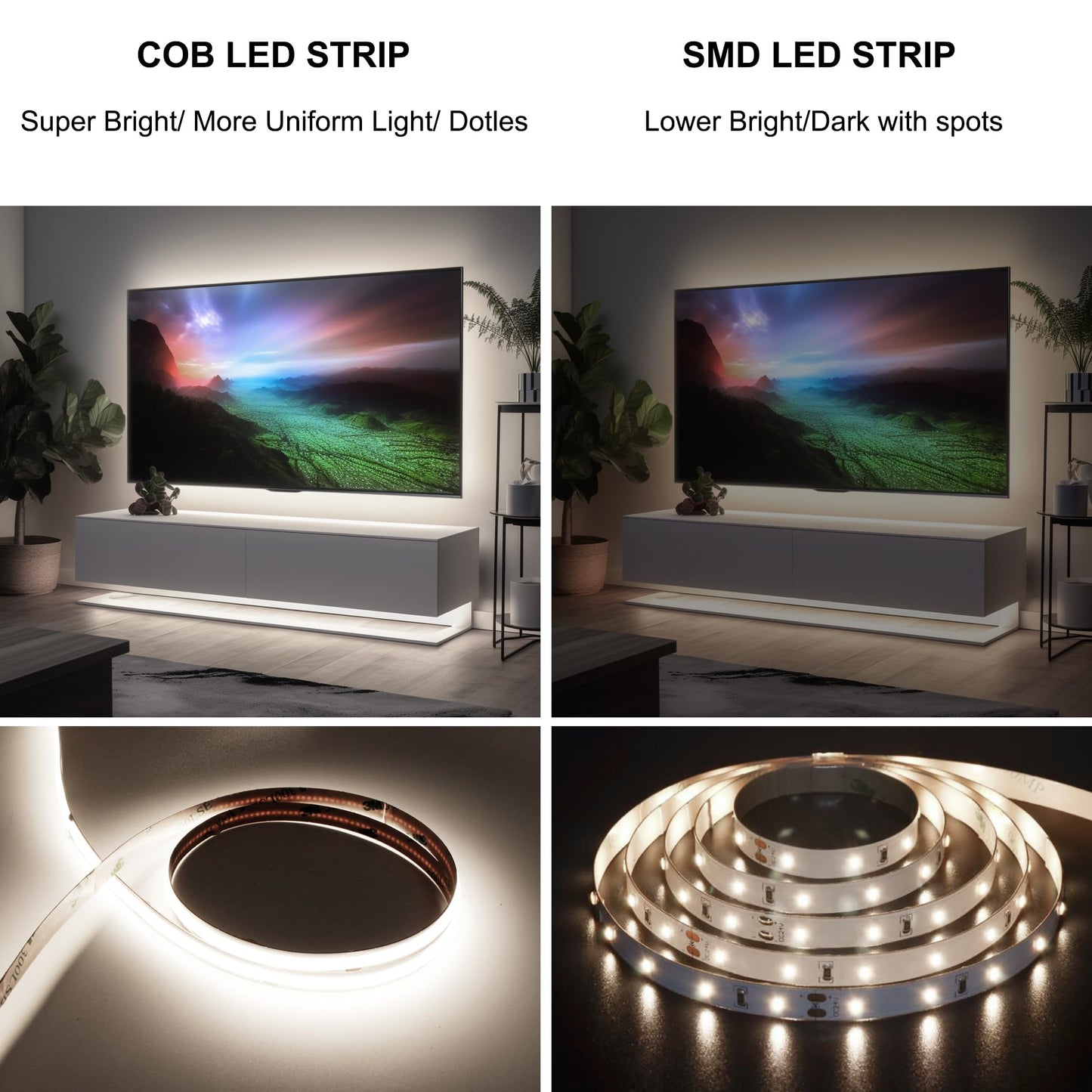 AXMOTUT 65.6ft COB LED Strip Light Natural White, High Bright LED Strips with 320LEDs,RF Remote and UL Power Supply,4000K Dimmable LED Lights for Bedroom,Kitchen,DIY Home Decoration, 2 Rolls of 32.8ft