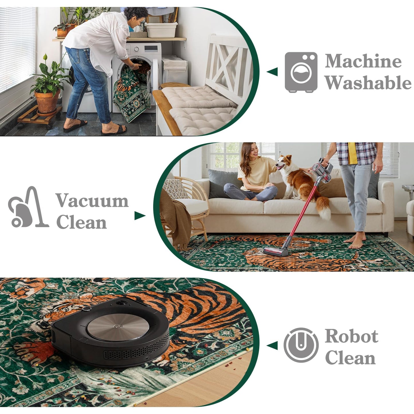 Moynesa Tiger 3x5 Washable Rug, Boho Area Rugs for Entryway, Green Non Slip Small Rug for Bedroom, Ultra Thin Botanical Soft Accent Carpet for Kitchen Entry Laundry Room