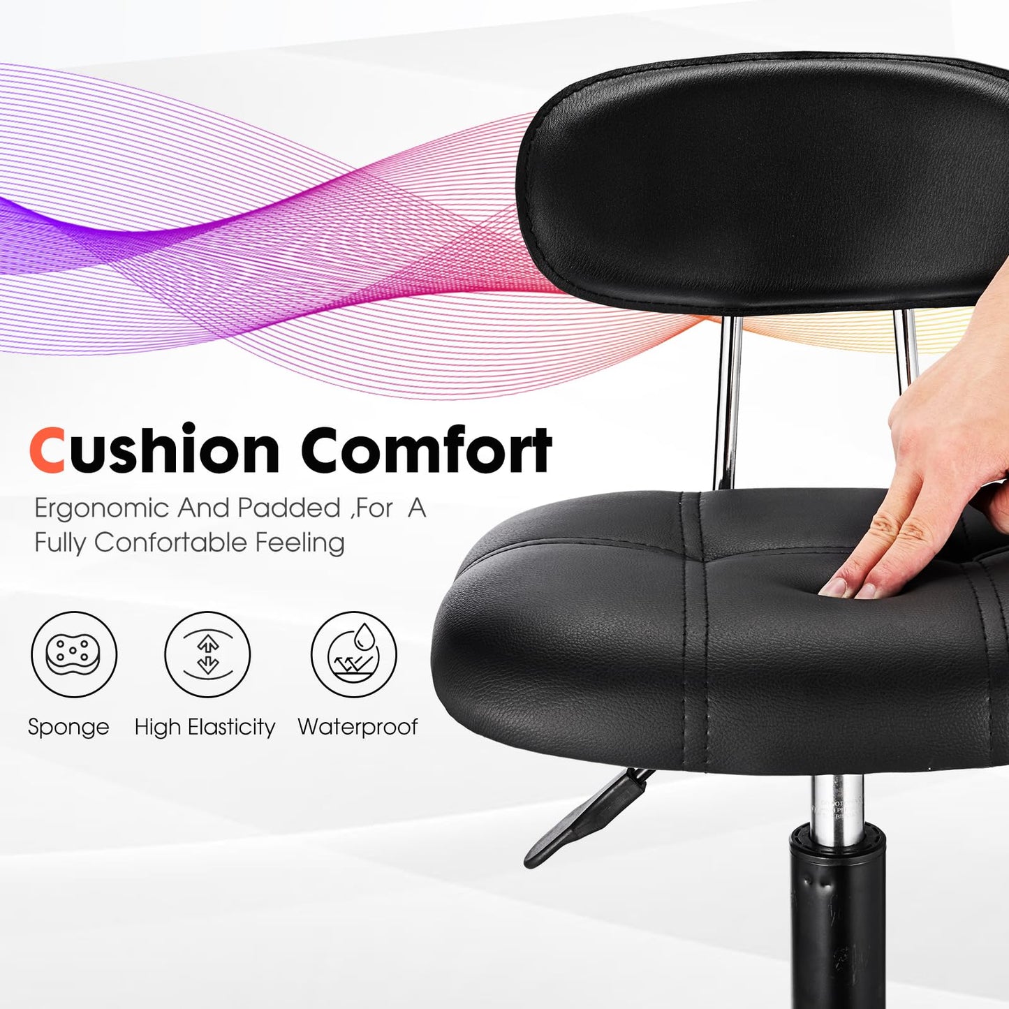 FNZIR Square Rolling Stool with Backrest Height Adjustable Chair Swivel Drafting Chair Stool Chair with Wheels Stable Base Foot Black