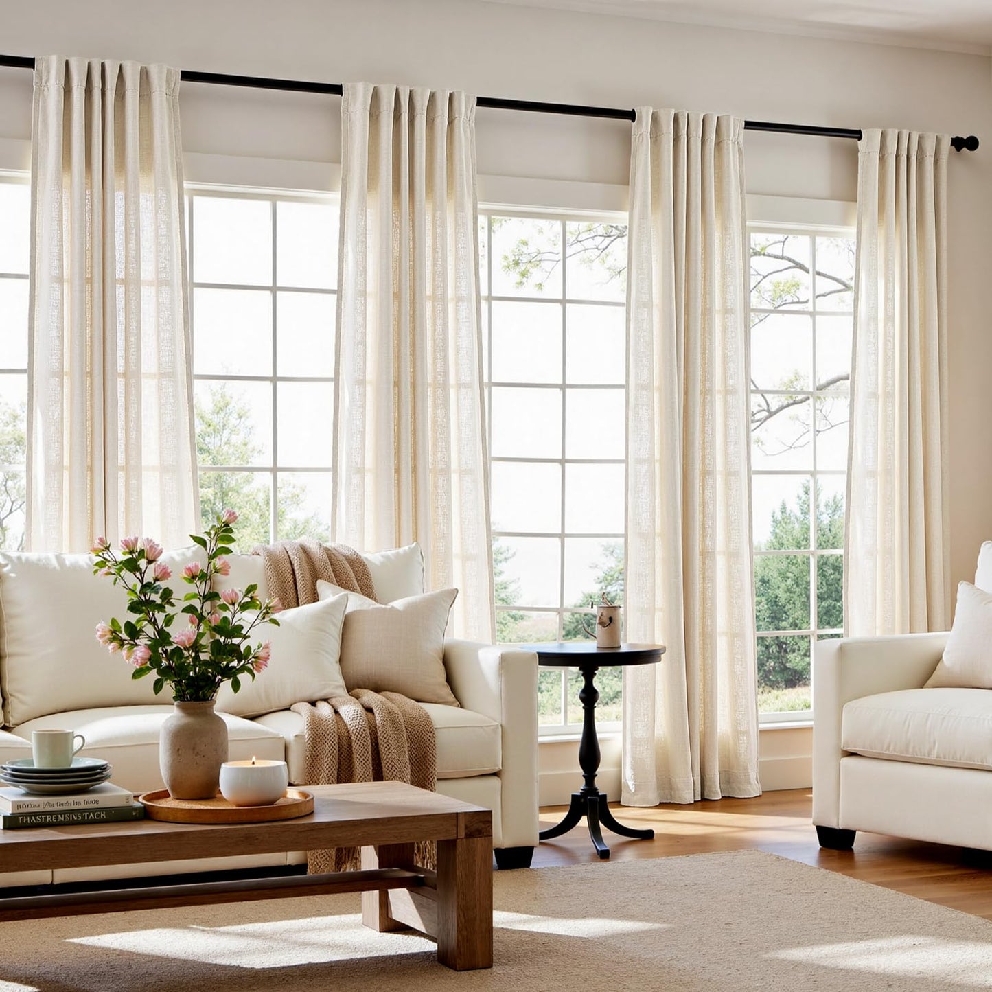 jinchan Linen Beige Curtains for Living Room Bedroom 108 Inches Length Farmhouse Light Filtering Drapes Rod Pocket 4 Panel Curtains Set Back Tab 9 feet Extra Long Crude