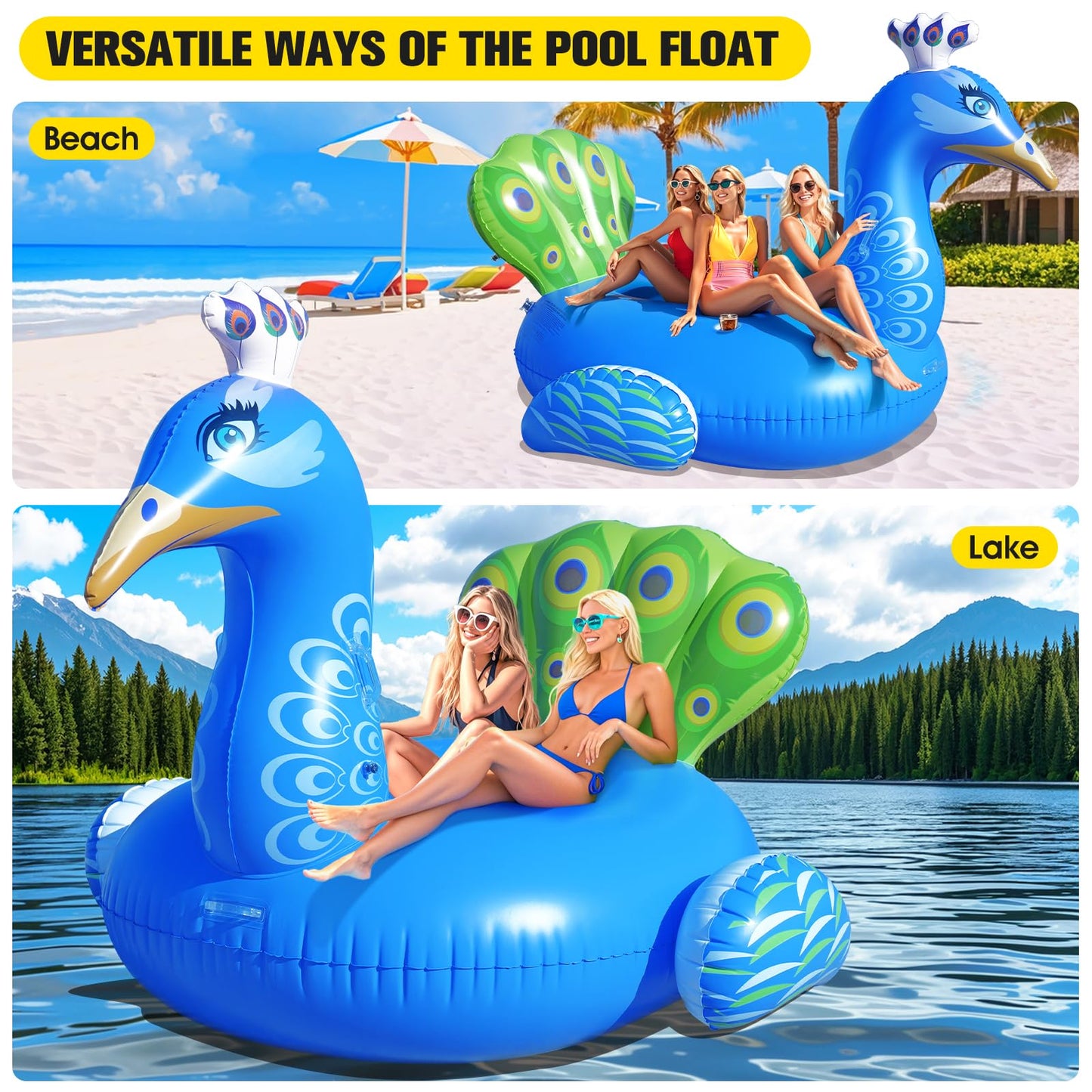 DeeprBetter Inflatable Peacock Pool Float, 2025 Gaint Funny Pool Floats Adults, Heavy Duty Pool Floaties Lounger, Large Animal Pool Floats Inflatable Ride-On Floaty for Swimming Pool Party Water Fun