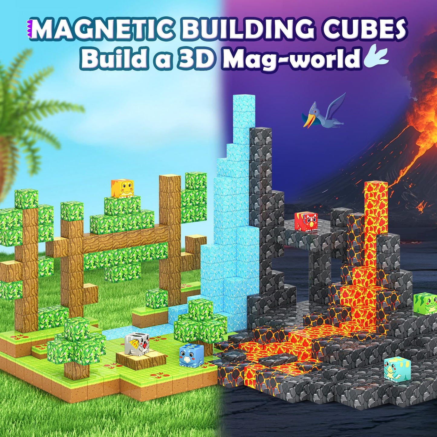 Magnetic Blocks Toys, Build Mine Magnet World Dinosaurs Set, Magnetic Tiles Building Toys for Boys & Girls Kids Ages 3-5 5-7, STEM Montessori Sensory Toys for Toddlers Gifts for 3+ Years Old