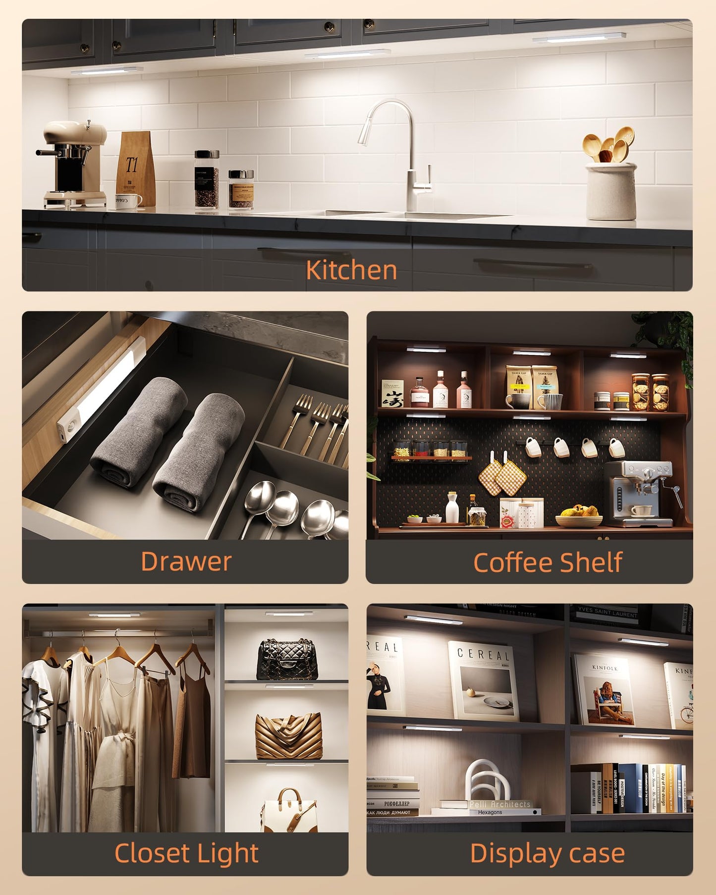 EZVALO 6-Pack Under Cabinet Lighting, Wireless Closet Lights, 50 LED Rechargeable Motion Sensor Light, Dimmable, 3 Color Temperatures, 11.8 inch Counter Lights for Kitchen, Pantry, Bedroom, Wardrobe