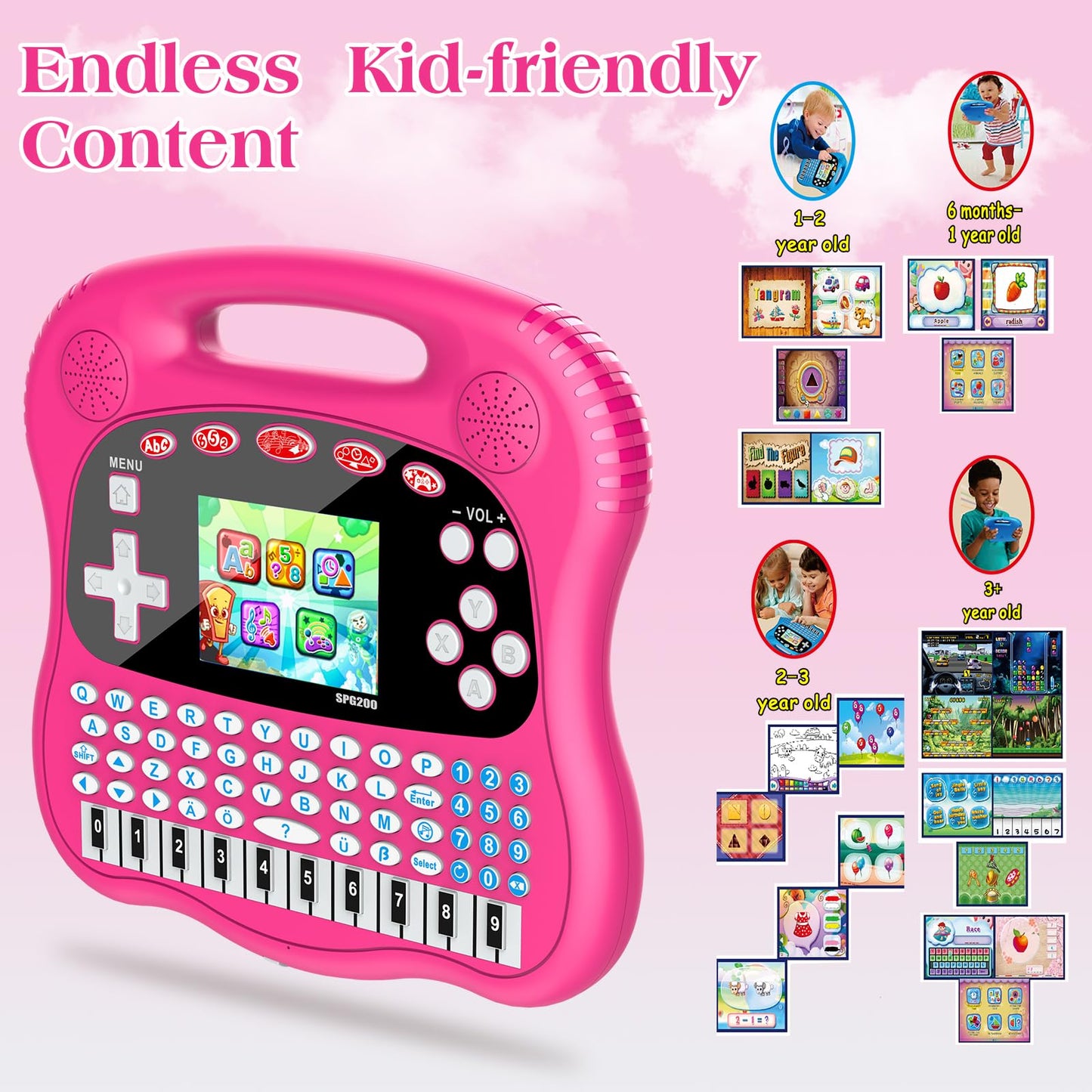 Interactive Early Learning Tablet - Educational Toys for Ages 2+ - Abc, Words, Shapes, Numbers, Games, Music - Encourages Freestanding Play - Electronic Toy Gift (Pink)