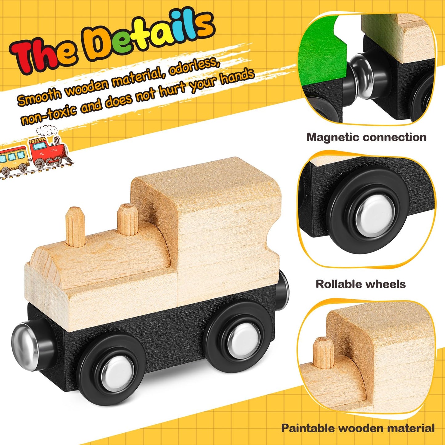 Halloscume 30 Pcs Vivid Unfinished DIY Wooden Trains 5 Styles Unpainted Cars Toys for Railway Paint Project Wood Trains for Birthday Party Theme Decorations Crafts Supplies
