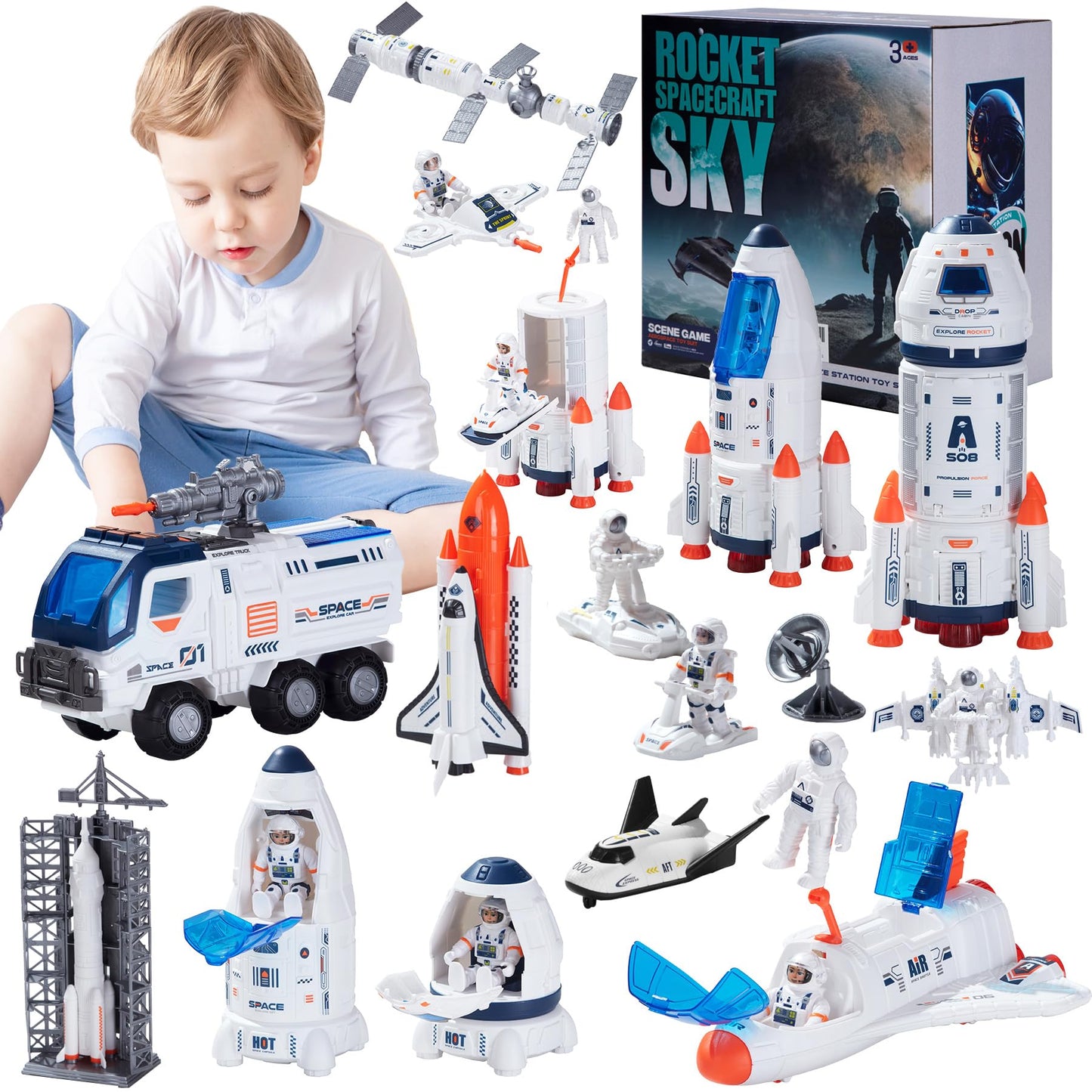Large Space Exploration Astronaut Toys, Rocket Ship Toys for Kids with Spray Effects, Space Shuttle Truck Toy with Light and Sound, Outer Space Playset Series Toys