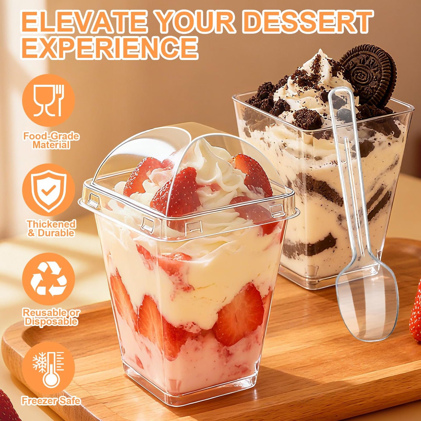 100 Pack 5oz Plastic Dessert Cups with Lids and Spoons, Mini Clear Yogurt Parfait Cups, Small Dessert Shooter Serving Cups, Square Appetizer Cups for Fruit Pudding Ice Cream Tasting Party Supplies