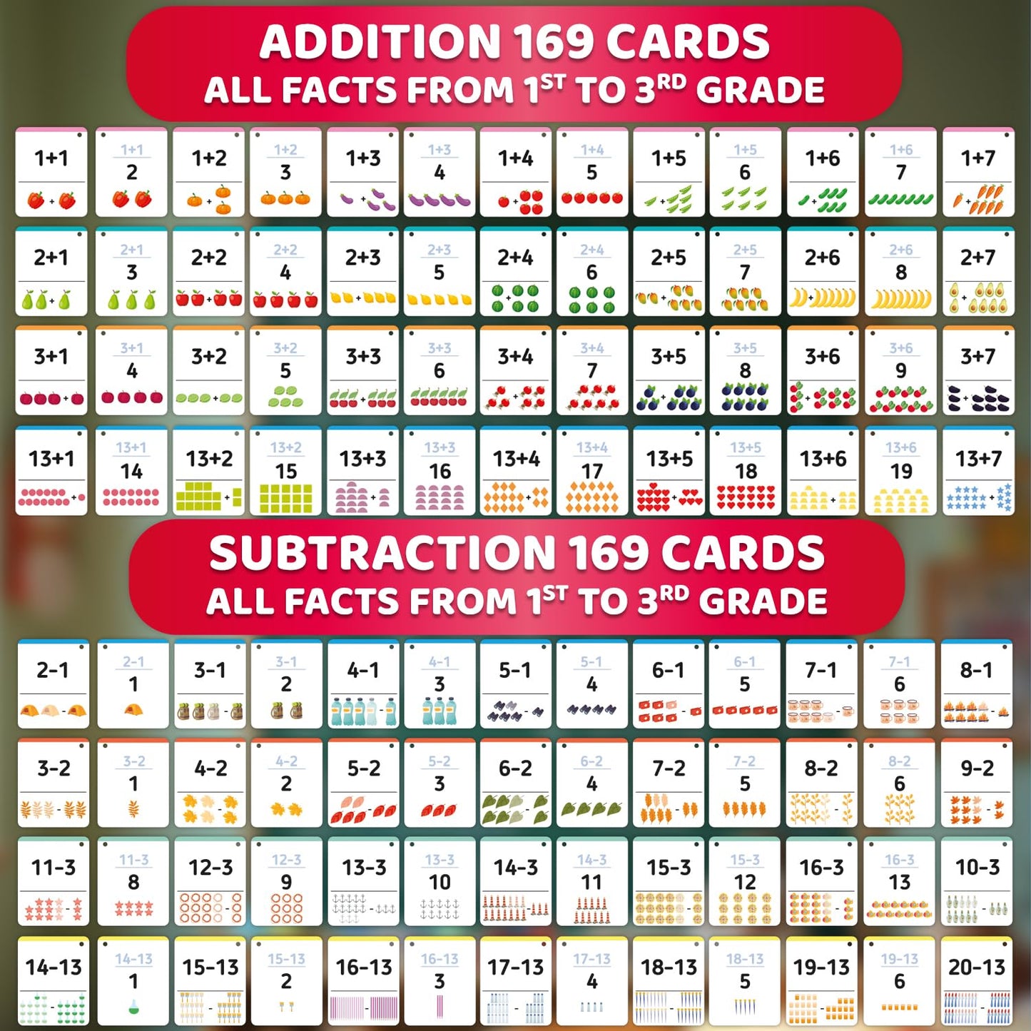 QUOKKA Math Flash Cards for Toddlers 3-4 - 338 Addition and Subtraction Educational Toddler Flash Cards for Preschool Learning - Flashcards with Visual Aids and Rings for 1st to 3rd Grade Classroom