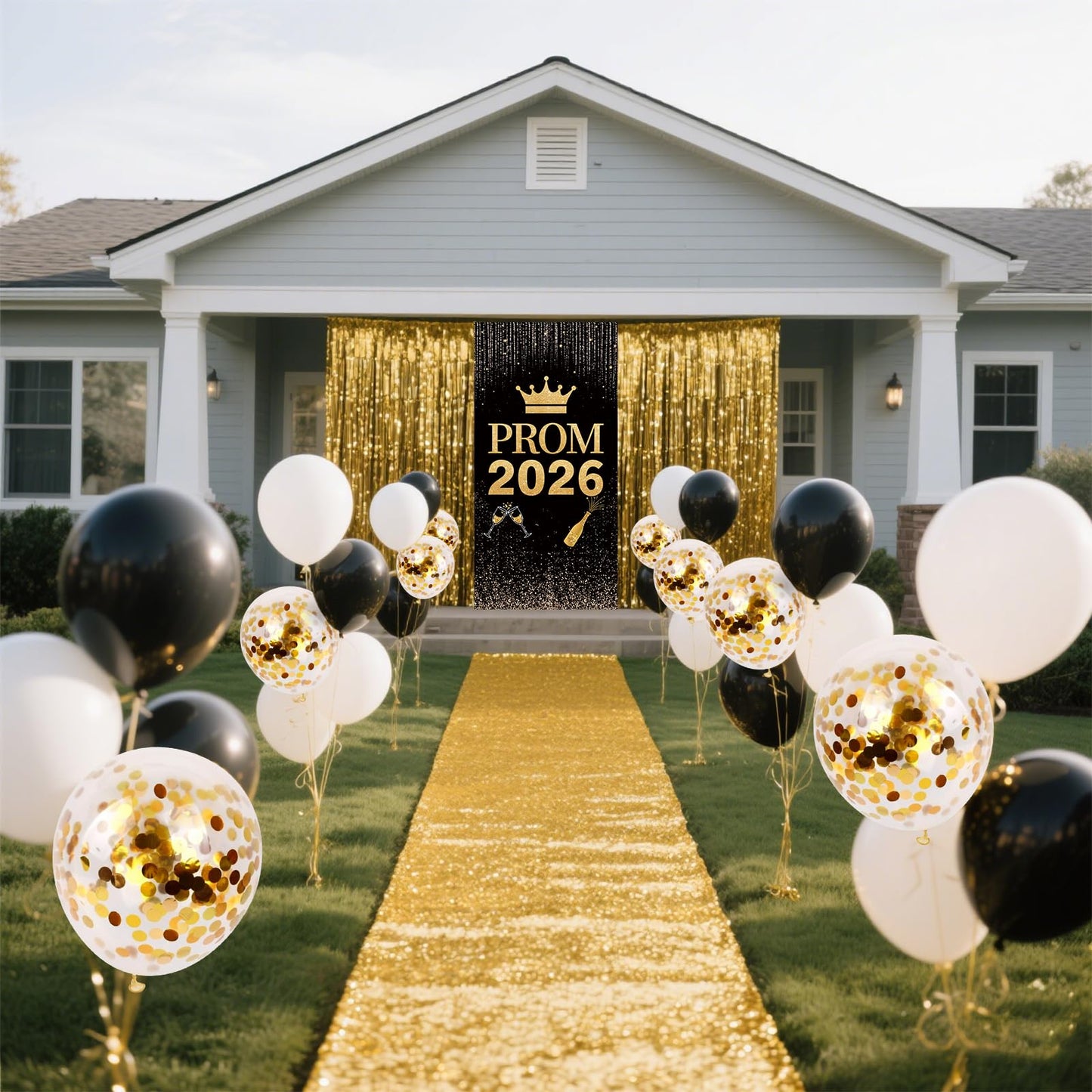 Prom 2026 Party Decorations Set Glitter Carpet Runner 15 x 2ft Runway Rug for Prom Party with Prom 2026 Door Banner, Tinsel Foil Fringe Curtains, Balloons for Graduation Prom Decoration (Gold)