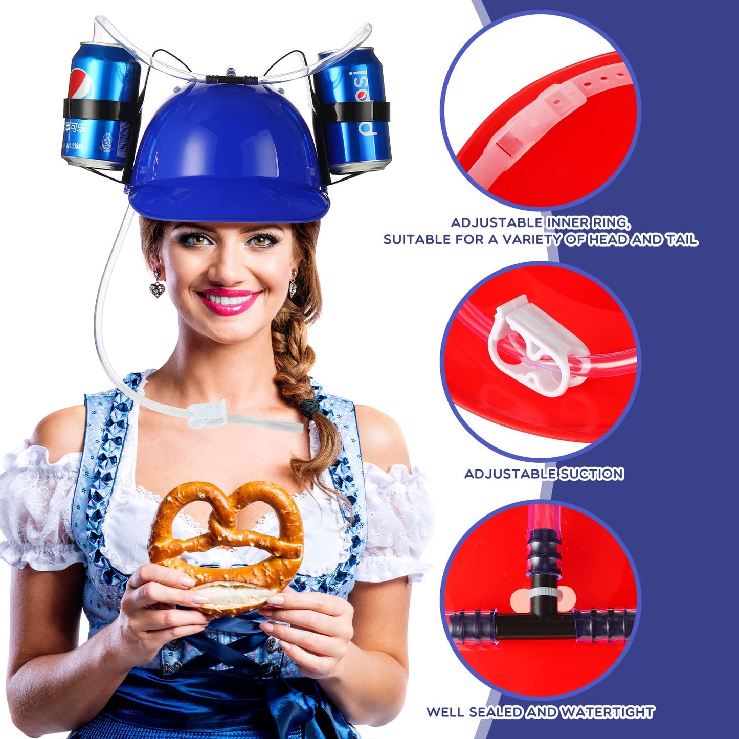 Sureio 6 Pieces Juice Helmet Can Holder Soda Hat Beverage Helmet with Straw Funny Hat for Men Women Adults Party Supply(Red Blue)