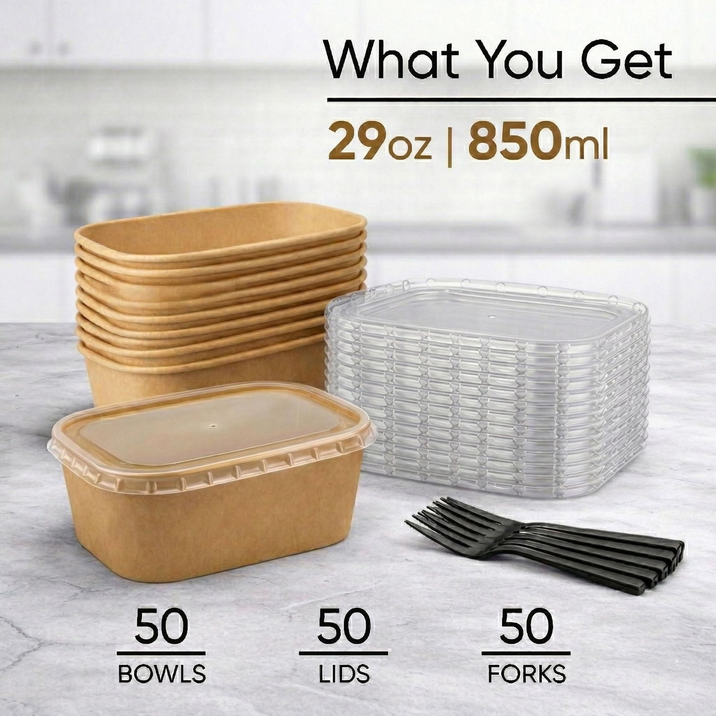 Leafiew 50 Pack 29Oz Disposable Meal Prep Containers With Lids - Microwave and Freezer Safe Kraft Paper Bowls with Lids and Forks - Disposable Food Containers - To Go Bowls for Food Prep and Salad