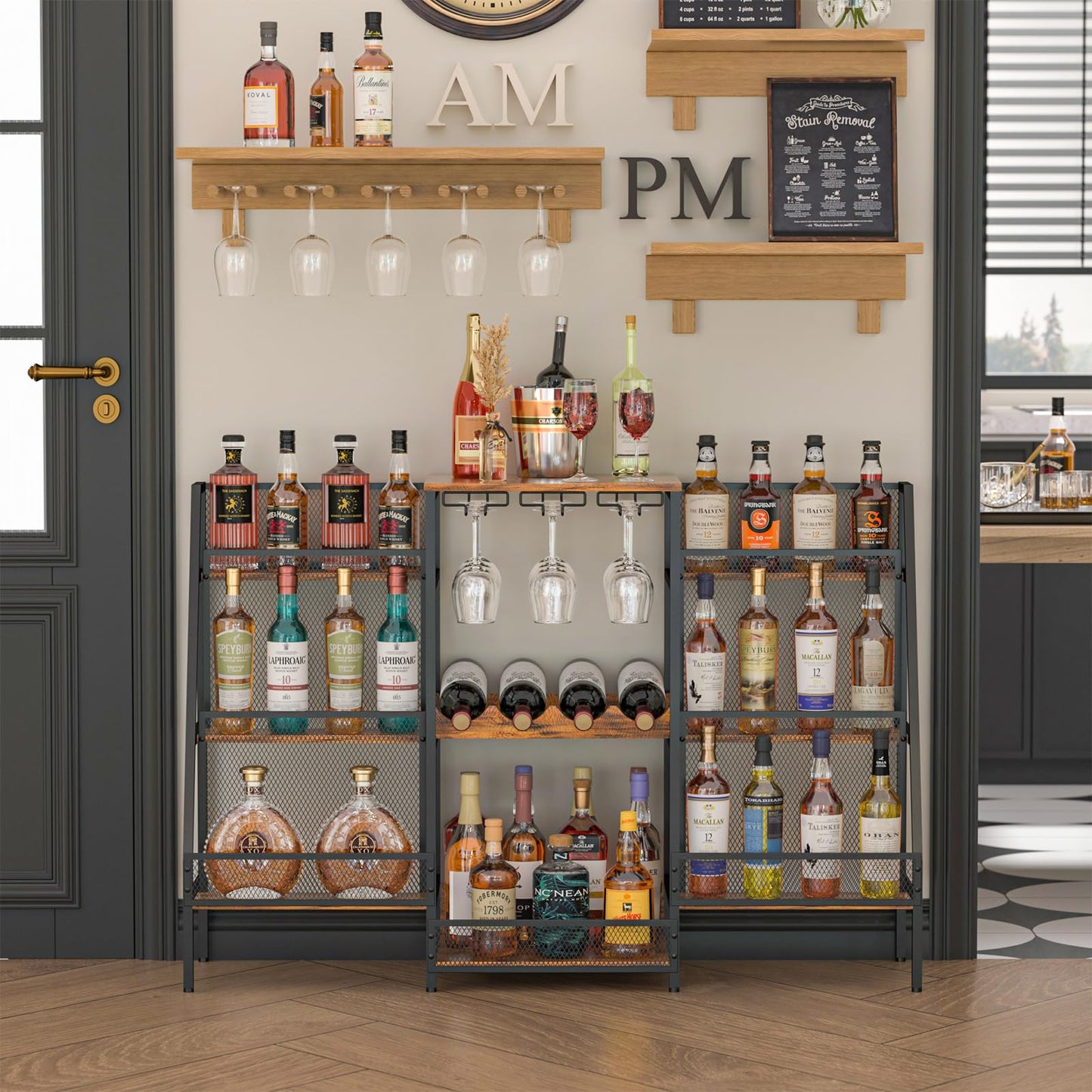Hayexiha 6-Tier (Safe Height for Kids & Pets) Freestanding Wine Rack with Glass Holders & Fences, Large Bar Cabinet for Home, Liquor Stand for Wine Bottles, Christmas & Holiday Party Wine Shelf