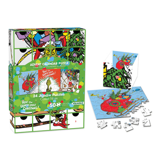 AQUARIUS Grinch Christmas Advent Calendar Puzzle Set (24 Jigsaw Puzzles / 50 Pieces Each) Officially Licensed Dr Seuss Merchandise & Collectibles -5x5 Inches