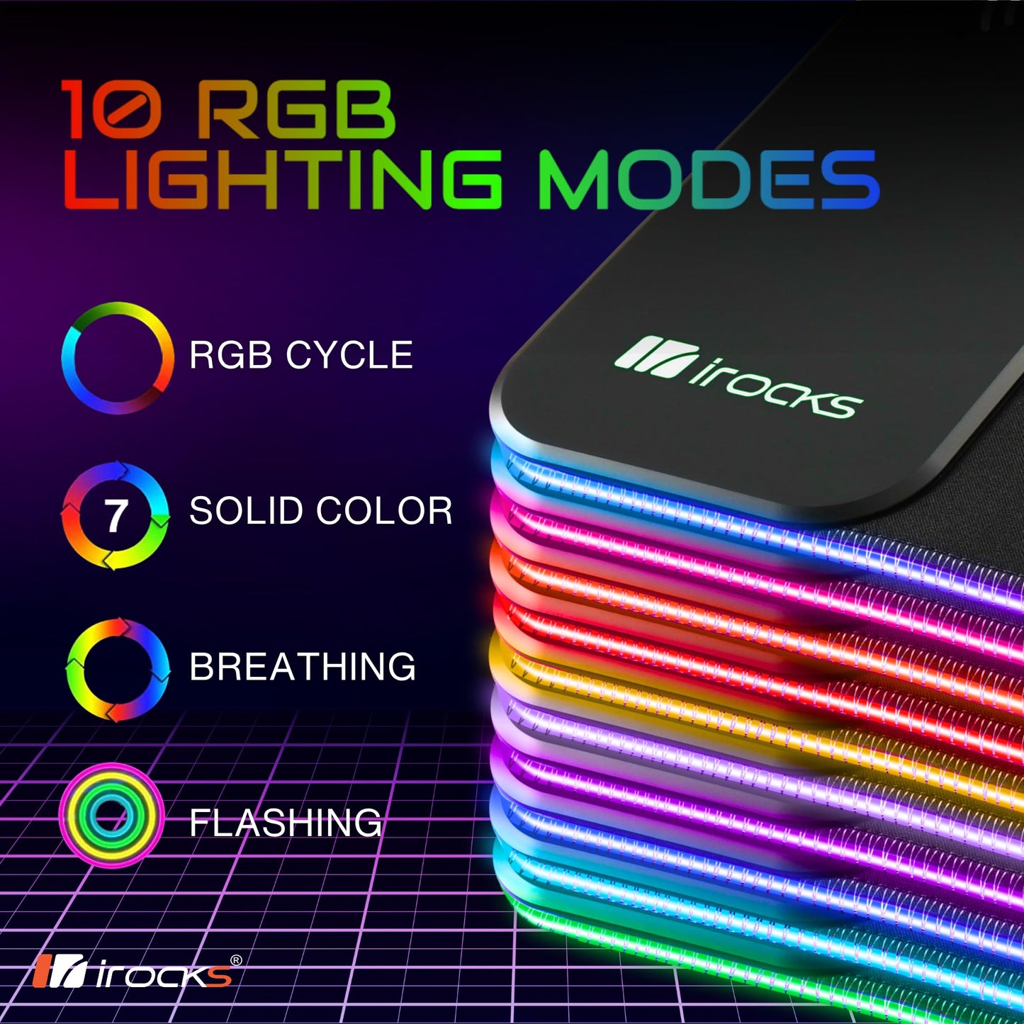 i-Rocks Extra Long RGB Gaming Mouse Pad, 10W Wireless Fast Charger, Natural Rubber Non-Slip Base, 35.4"x11.8" Desk Mat, Qi-Compatible for iPhone, Samsung, AirPods, 7 Colors & 3 RGB Effects