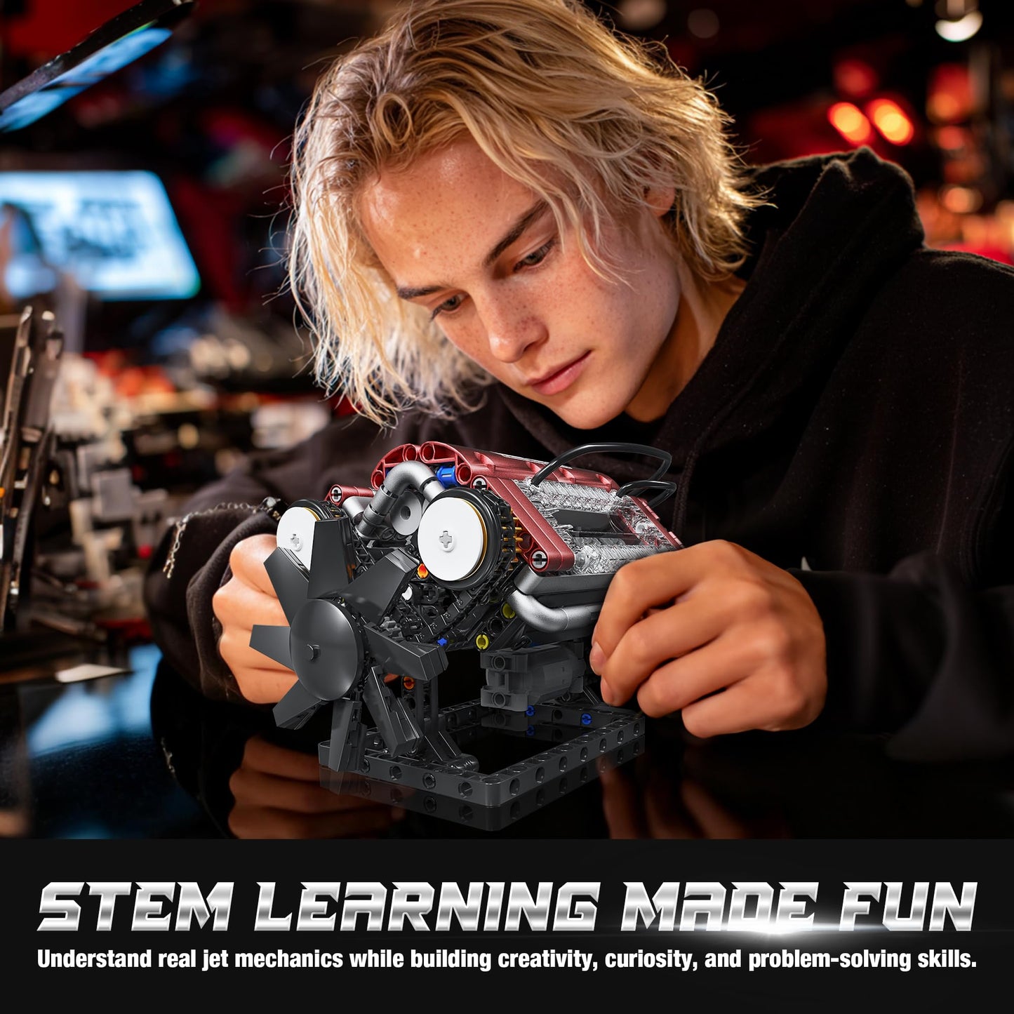 Tuajixz V8 Engine Building Blocks Sets, V8 Engine Model Kit That Runs – Motorized with Moving Pistons, Crankshaft & Rotating Fan, Realistic Engine Simulation for Car Enthusiasts, 588Pcs