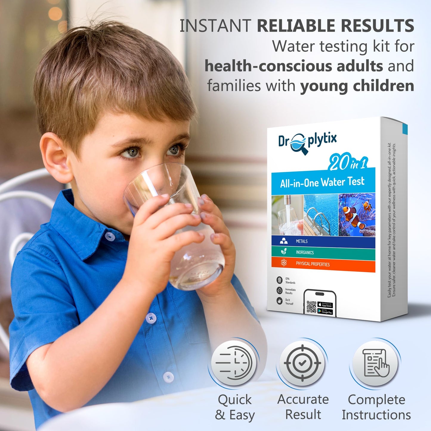 DROPLYTIX Mobile App Water Test Kit–20-in-1 Home Water Testing Strips, Pools, Hot Tubs, Aquarium, Drinking Water & Well Water Test for pH, Hardness, Lead, Iron, Chlorine, Nitrate, Fluoride, Mercury