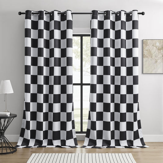 BOHOMOCASA 100% Blackout Curtains – Black and White Checkered Race Flag Pattern, 2 Panels, Each W52×L84, Thermal Insulated, Nosie Reducing for Bedroom, Living Room, Race car Drapes