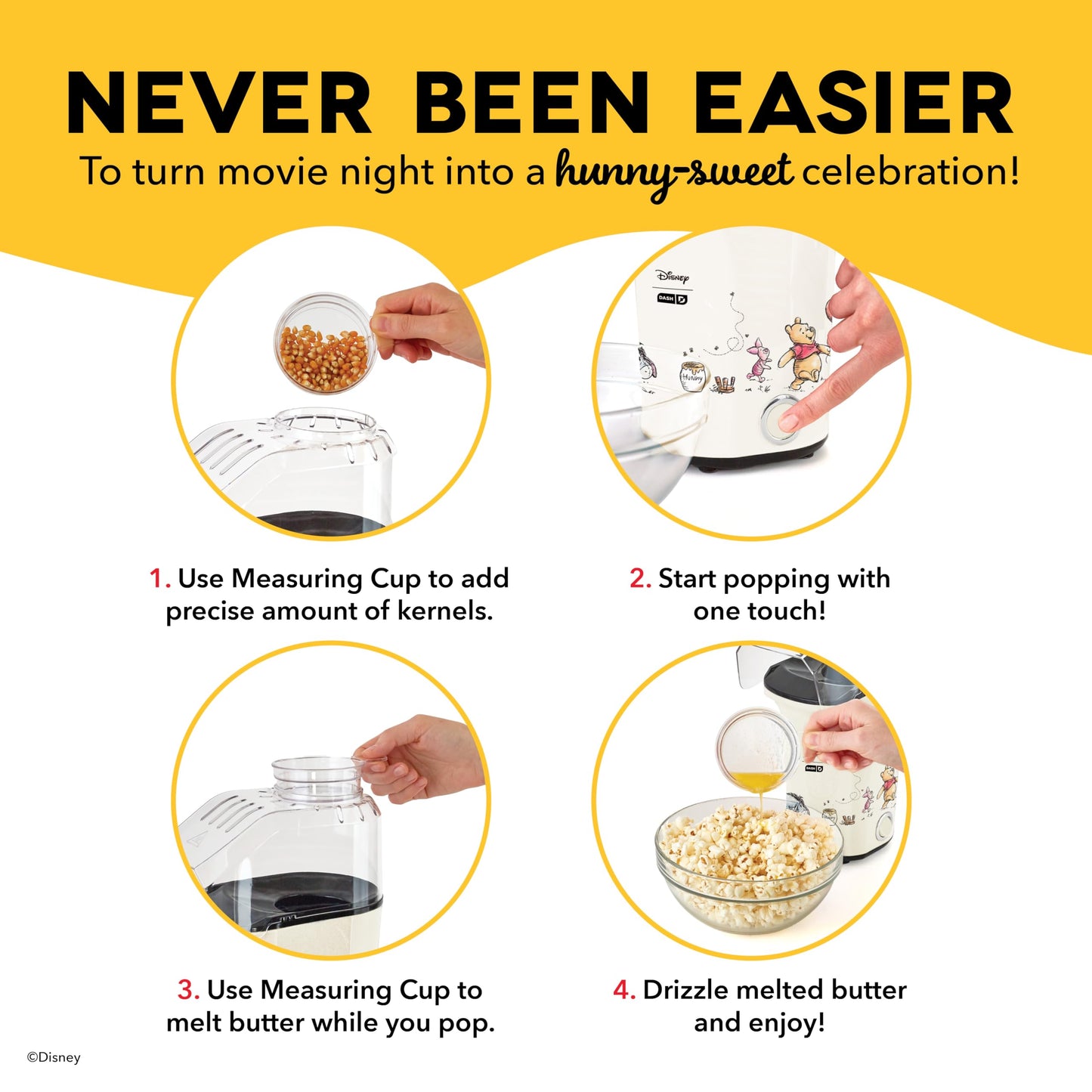Disney Dash Fresh Pop Popcorn Maker - Oil-Free, Air Popcorn Popper - With Measuring Cup & Recipe Guide - Perfect for Movie Nights - 16 Cups, Winnie the Pooh
