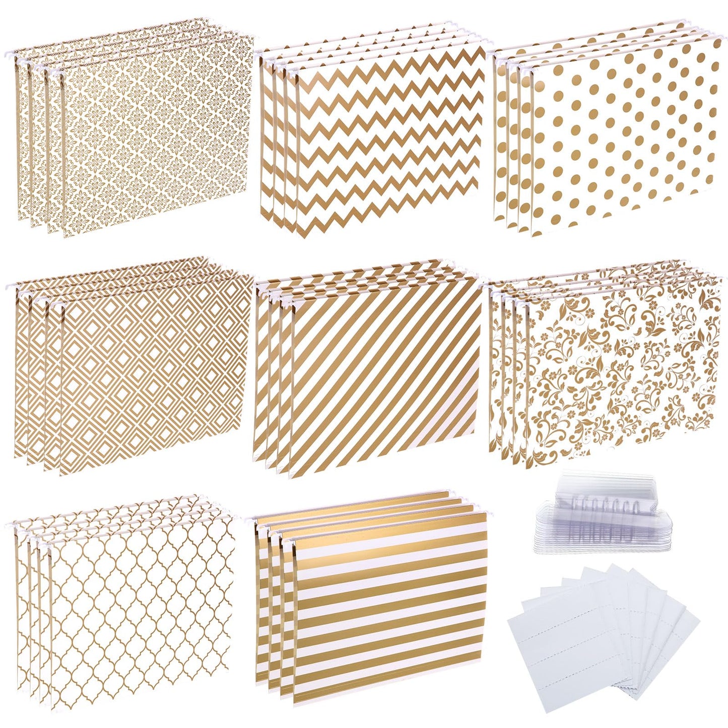 Estune 32 Pcs Decorative Hanging File Folders Letter Size Cabinet File Folders Organizers with 1/5 Cut Adjustable Tabs for Office Desk School Filing Cabinet Home(Gold Stripe)