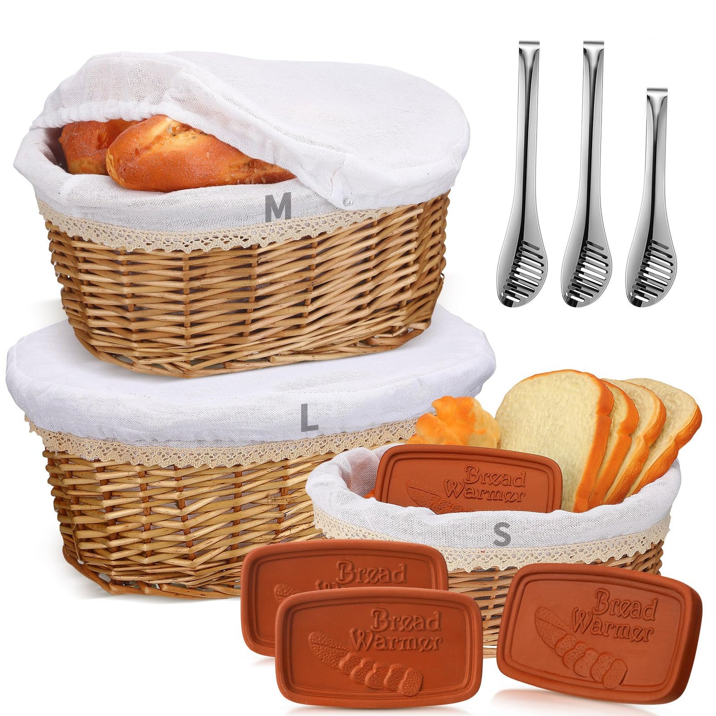 Havawish 3 Pack Wicker Bread Baskets Winter Valentines Gifts Handmade Serving Woven Baskets with Warmer Stones Removable Liner Cover Tongs 3 Sizes for Home Kitchen Housewarming Gifts